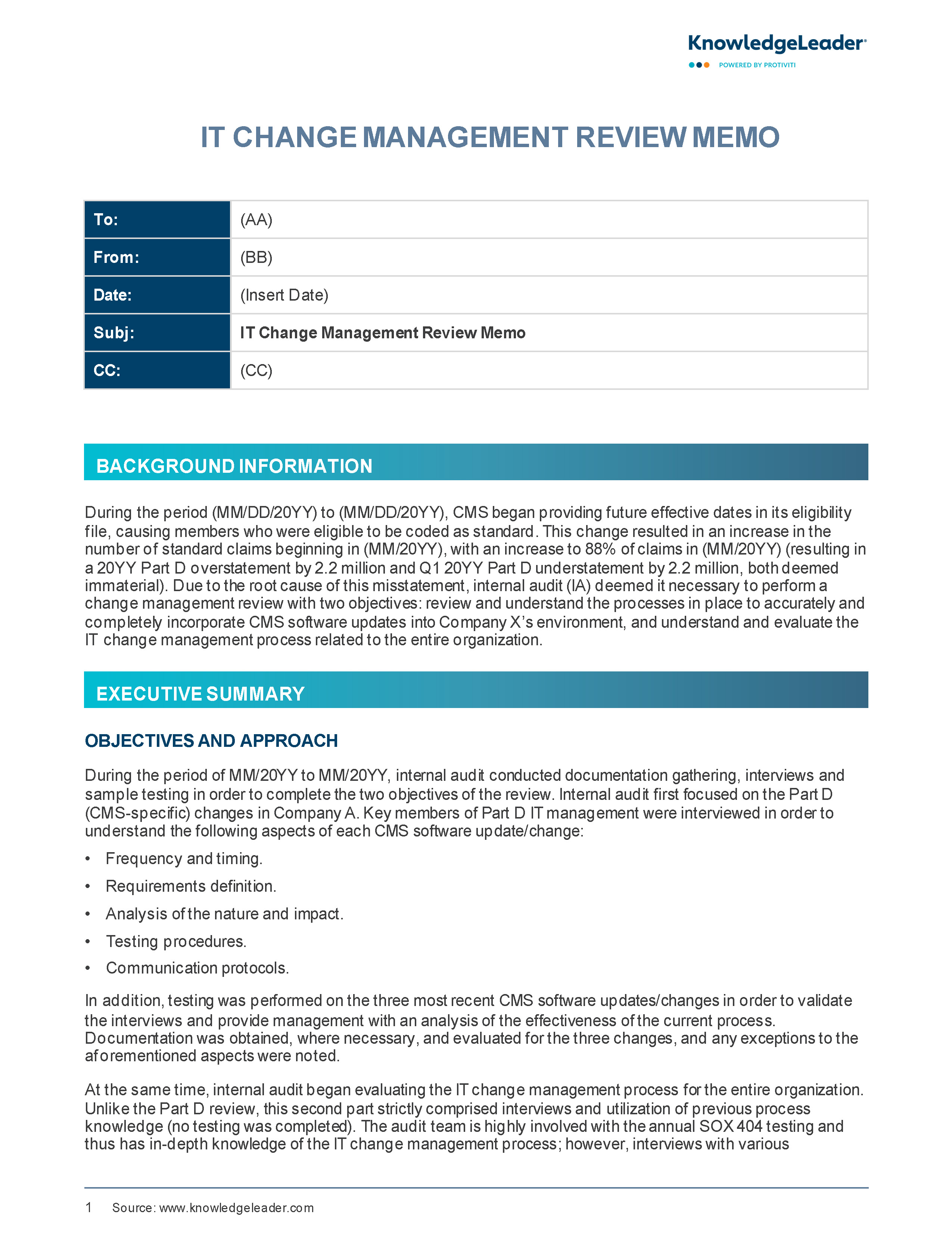 Screenshot of the first page of IT Change Management Review Memo