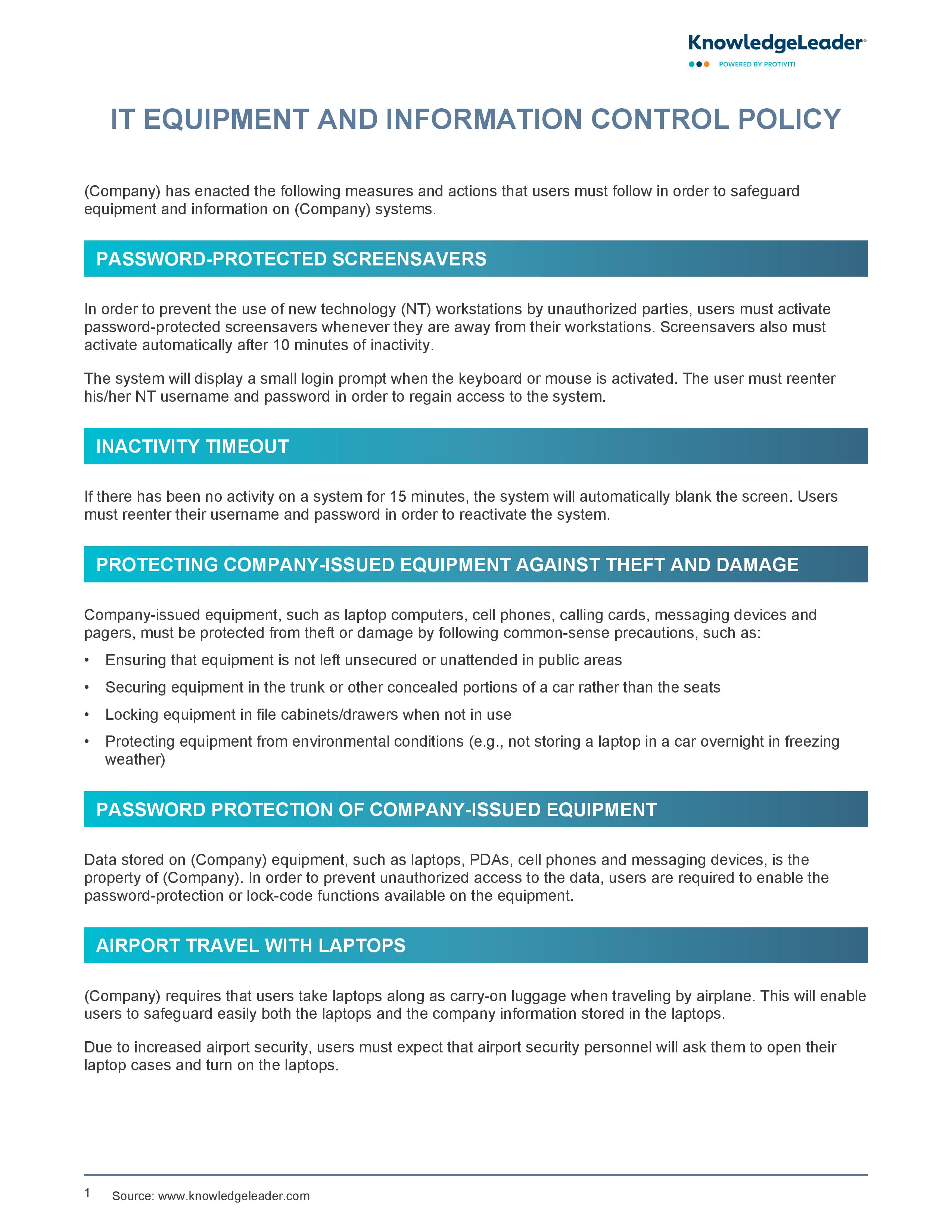 Screenshot of the first page of IT Equipment and Information Control Policy-page-001