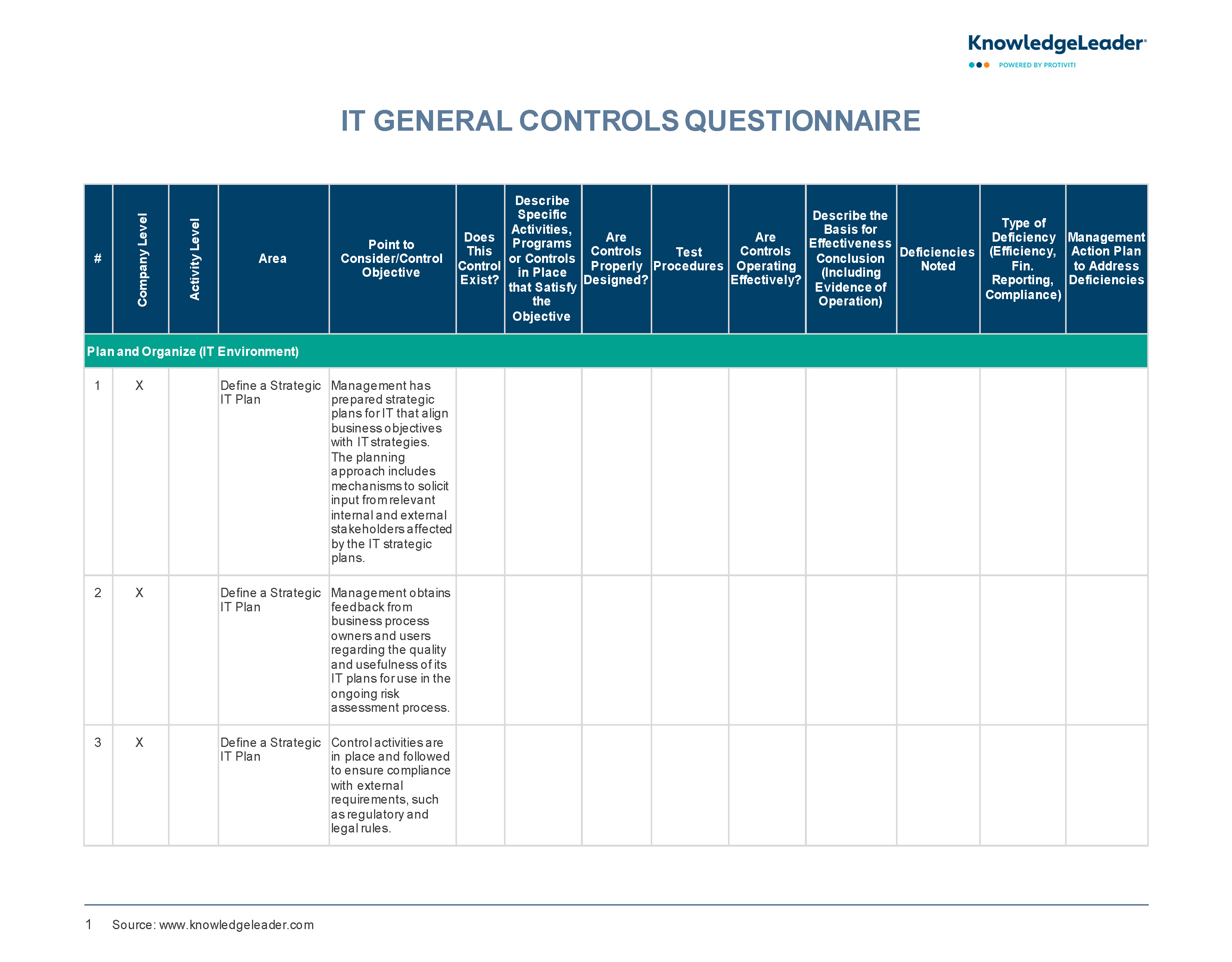 Screenshot of the first page of IT General Controls Questionnaire