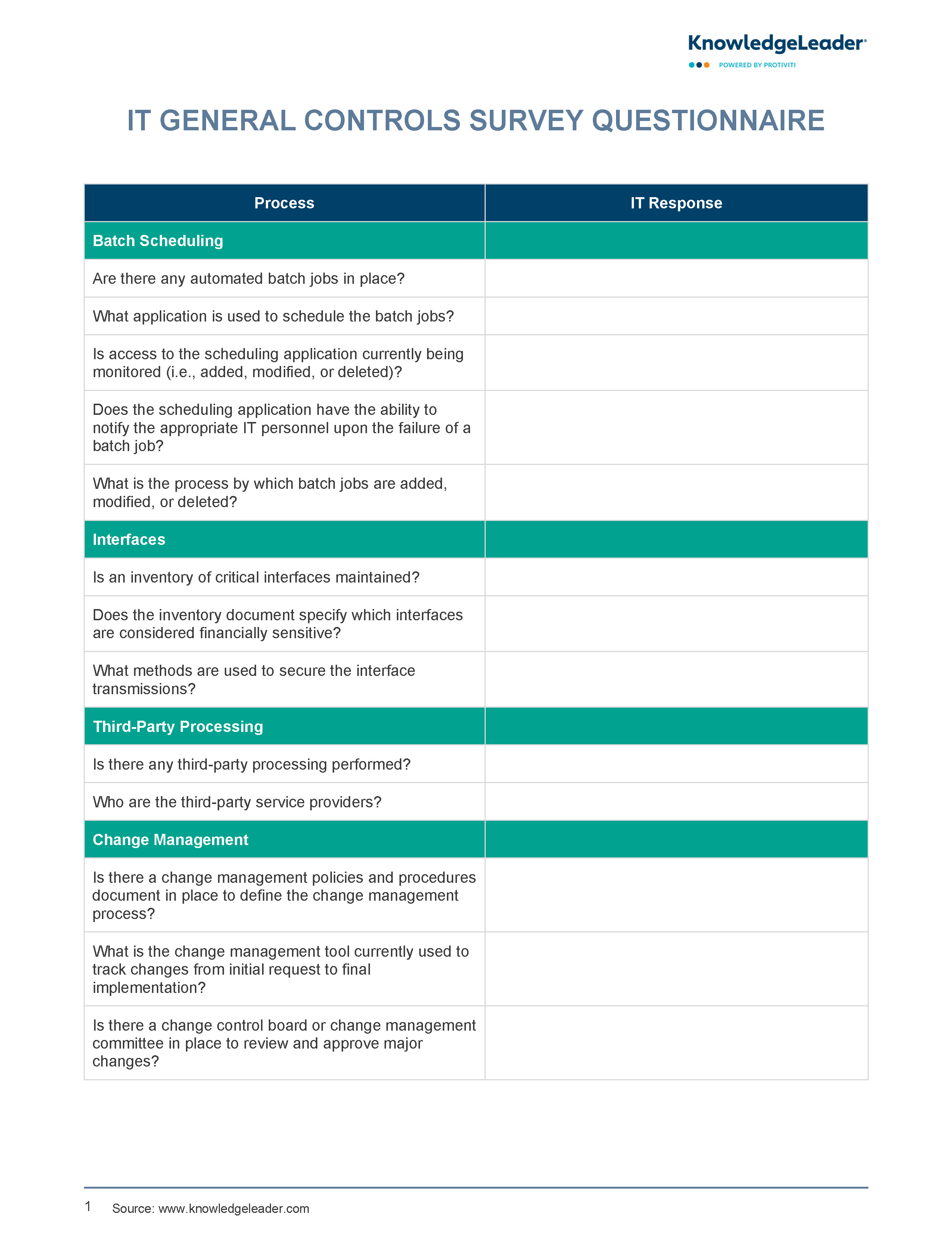 Screenshot of the first page of IT General Controls Survey Questionnaire