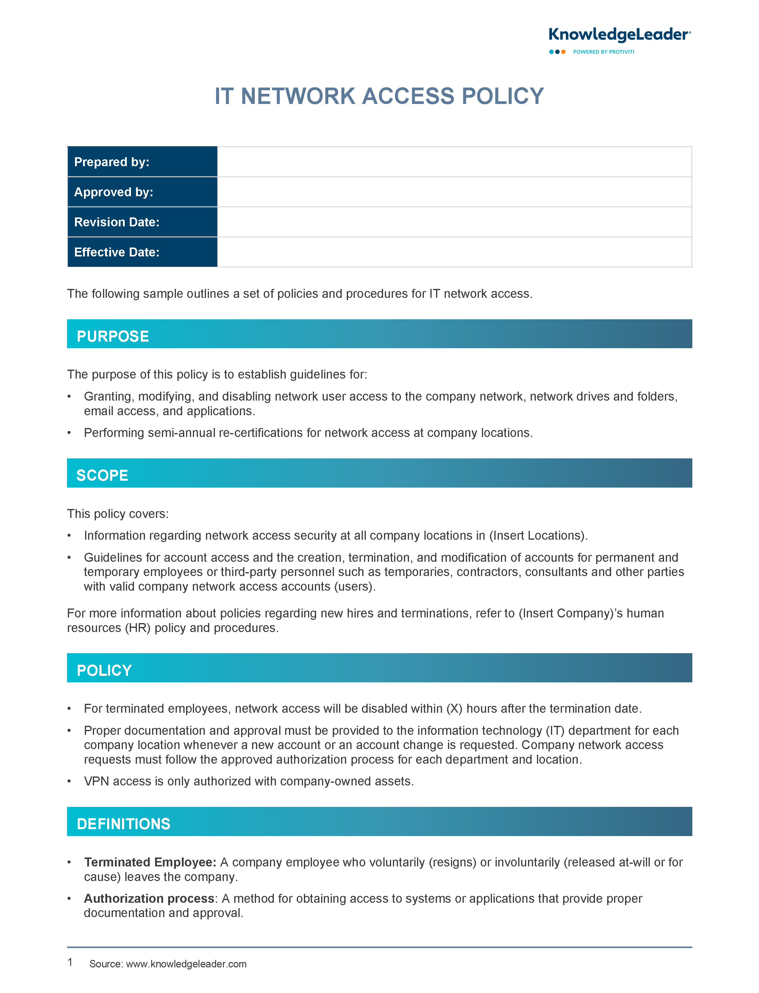 Screenshot of the first page of IT Network Access Policy