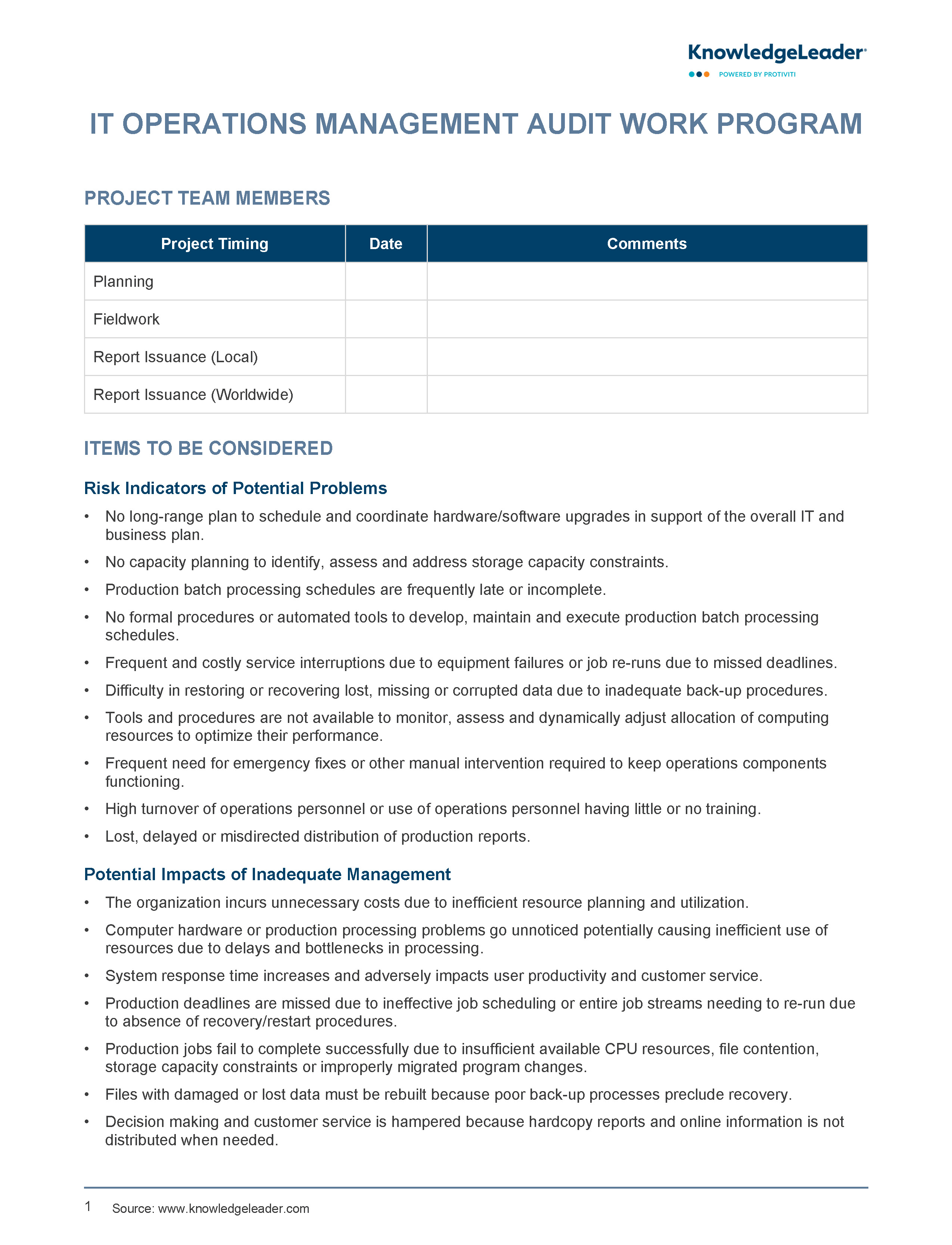 Screenshot of the first page of IT Operation Management Audit Work Program
