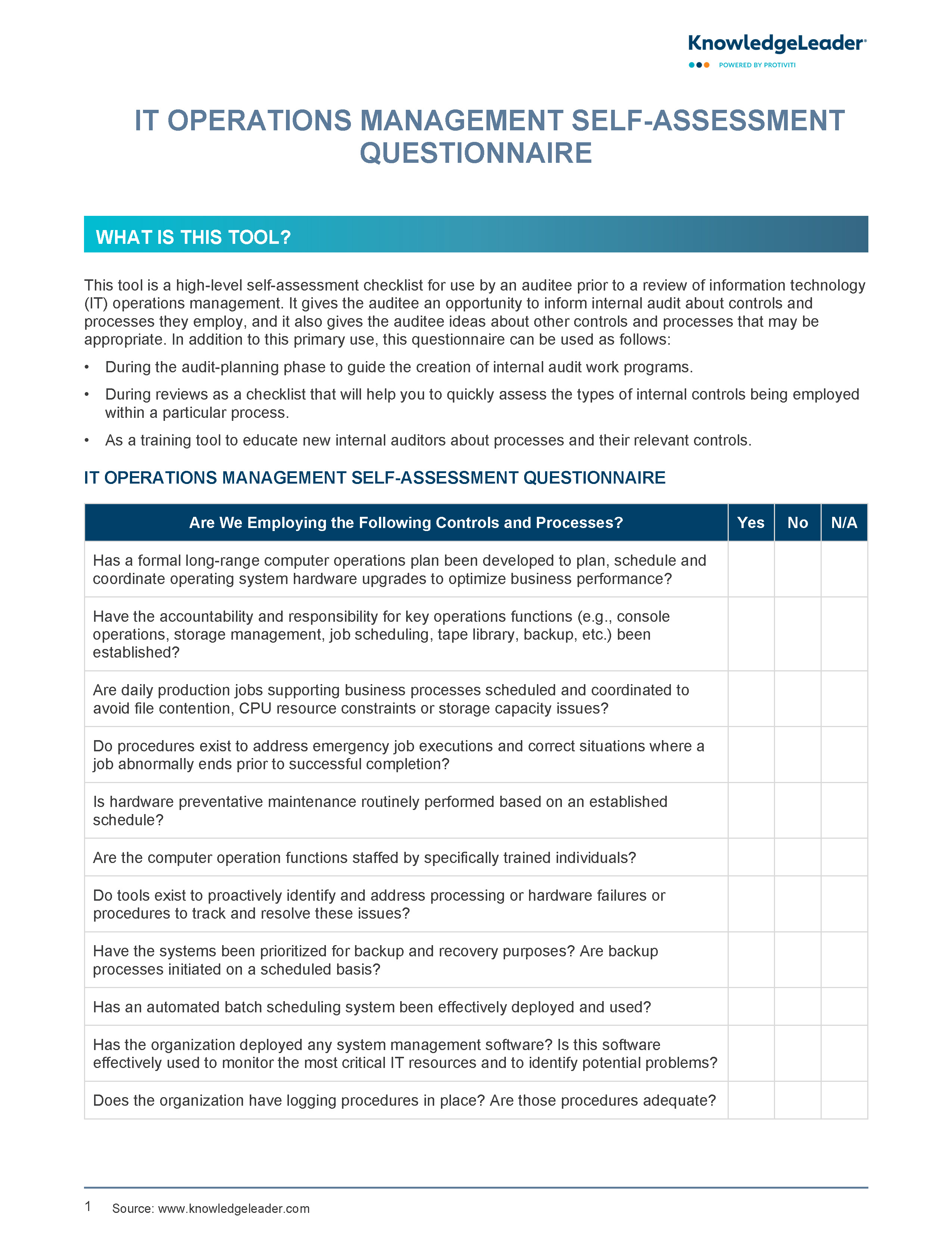 Screenshot of the first page of IT Operations Management Self Assessment Questionnaire