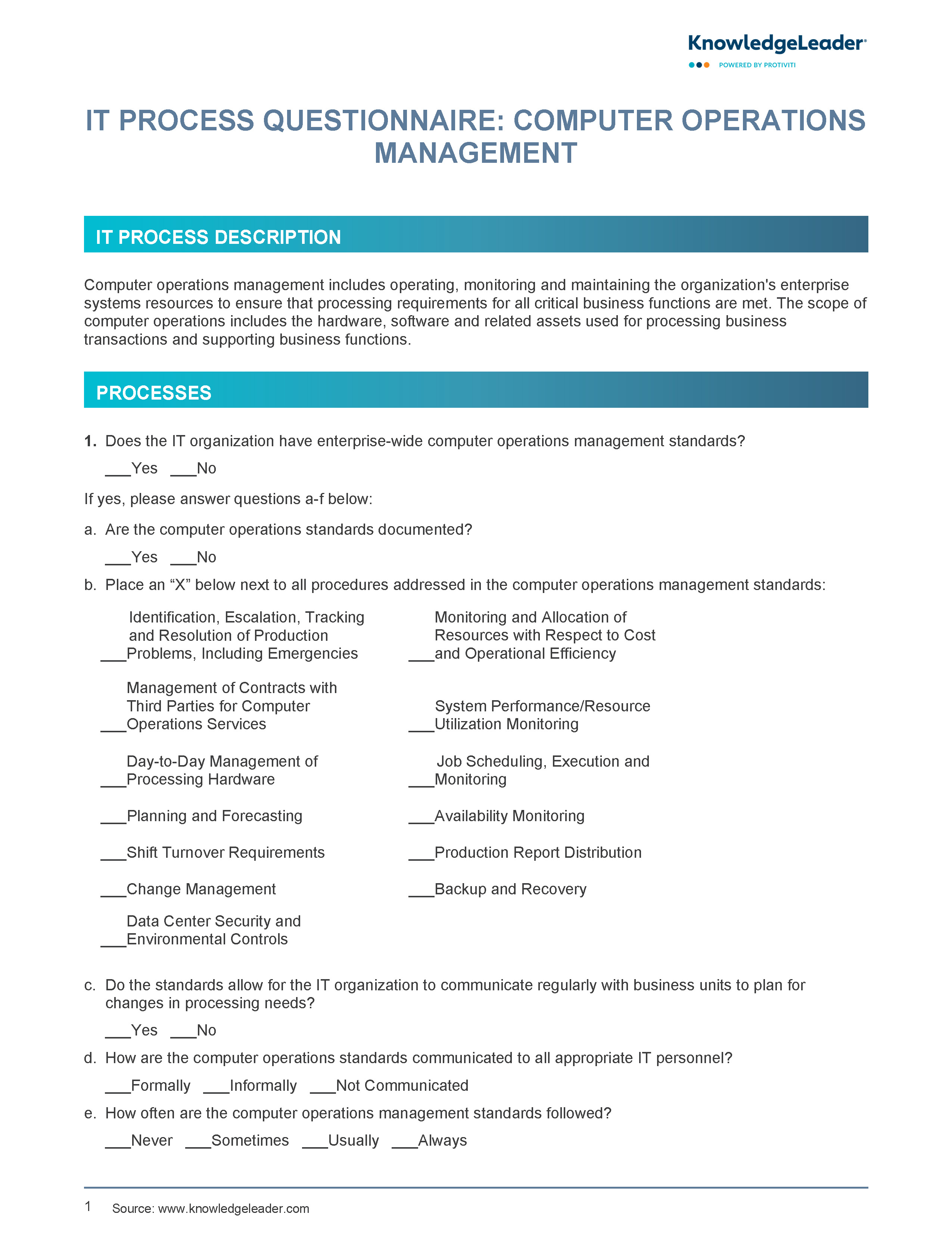 Screenshot of the first page of IT Process Questionnaire Computer Operations Management