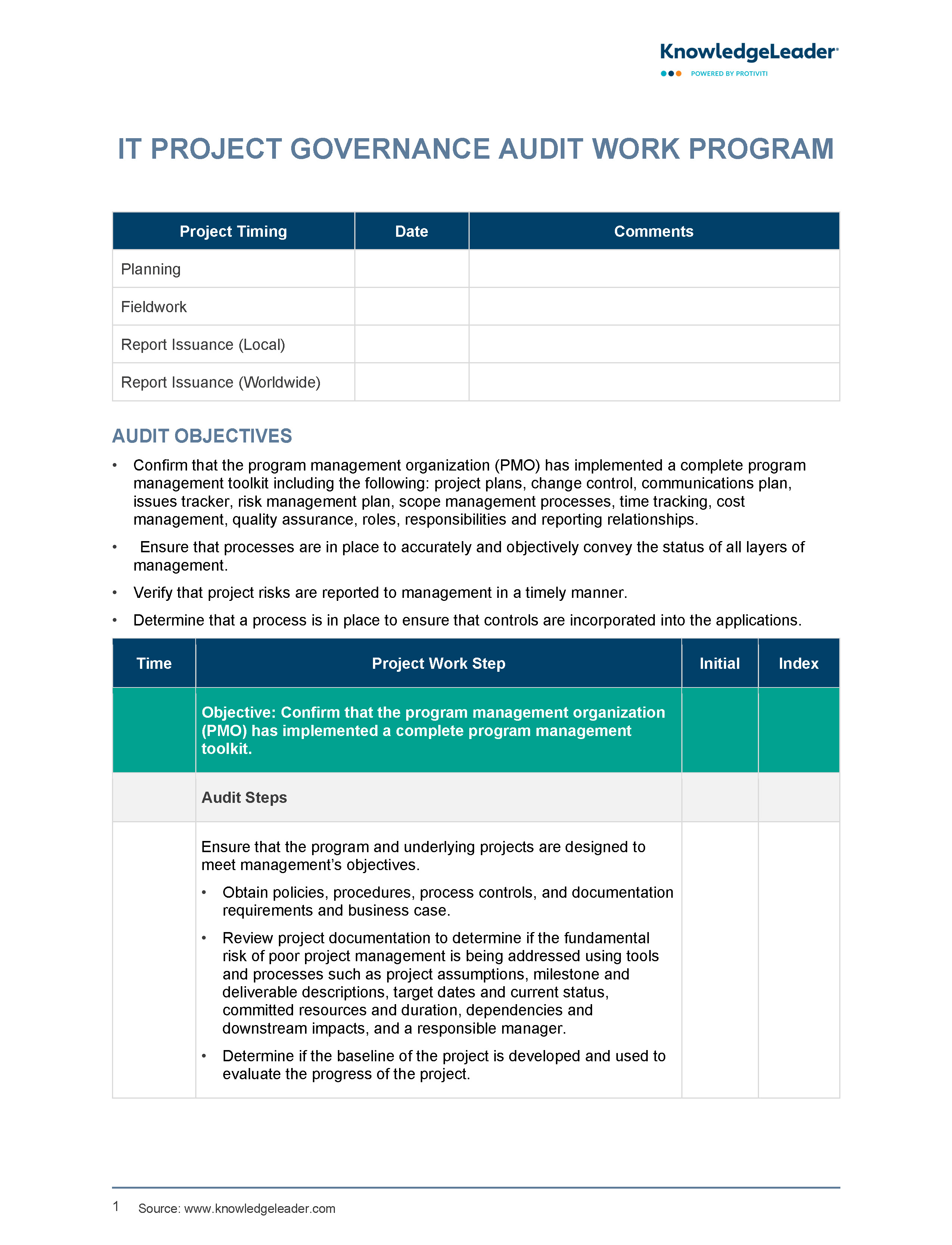 Screenshot of the first page of IT Project Governance Work Program