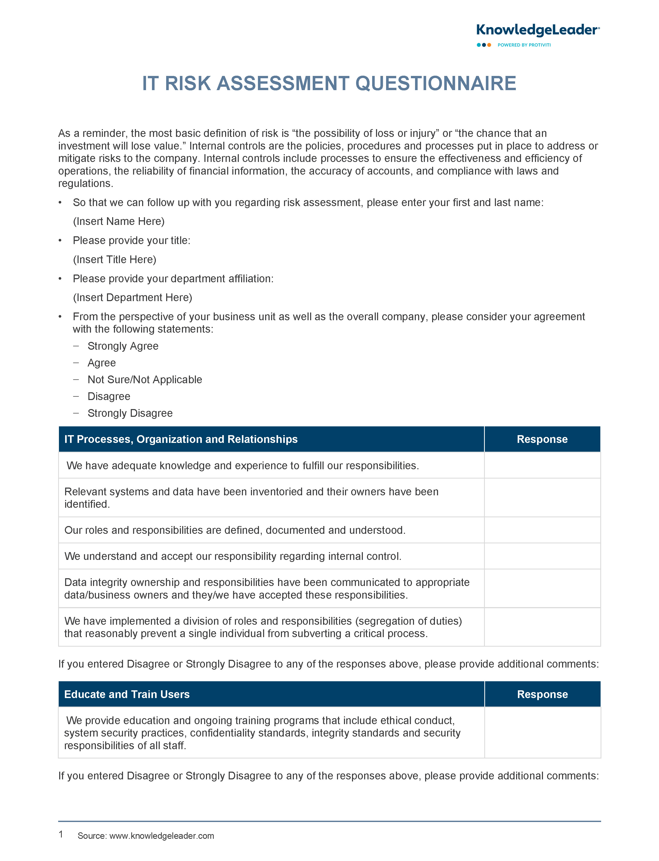 Screenshot of the first page of IT Risk Assessment Questionnaire