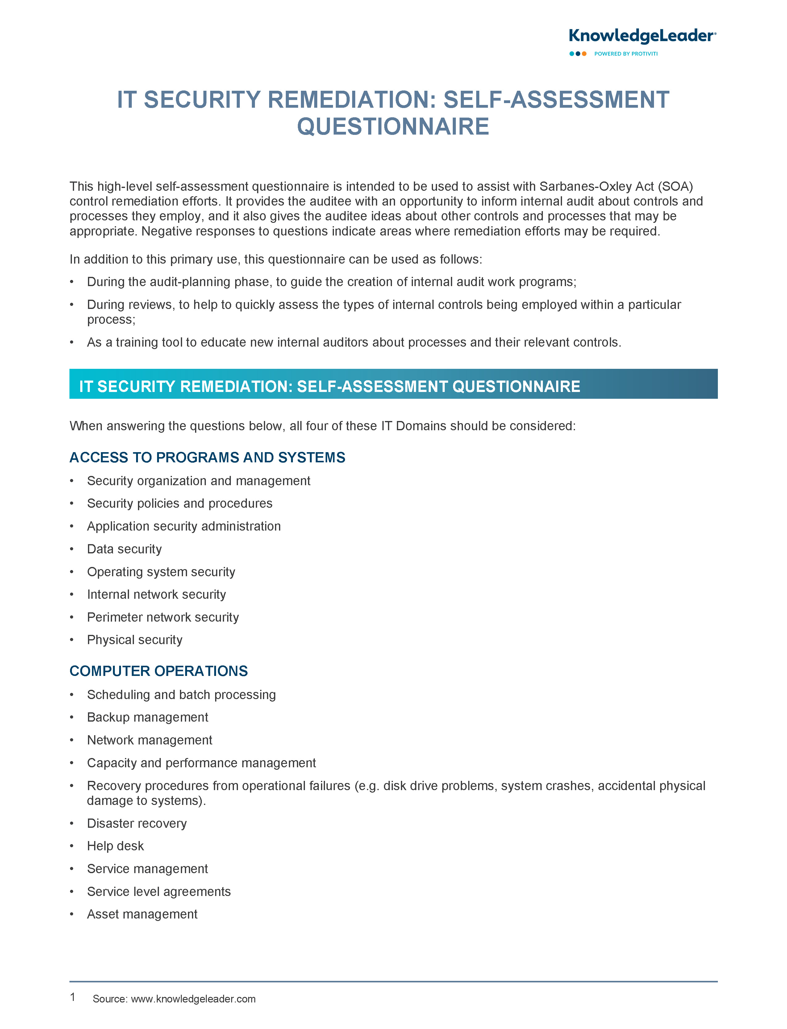 Screenshot of the first page of IT Security Remediation Self Assessment Questionnaire