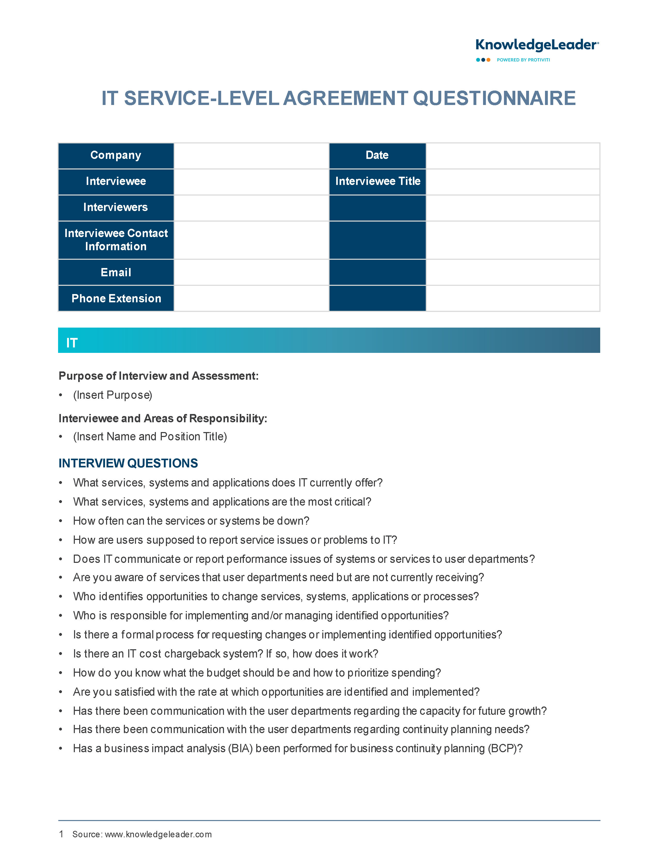 Screenshot of the first page of IT Service-Level Agreement Questionnaire