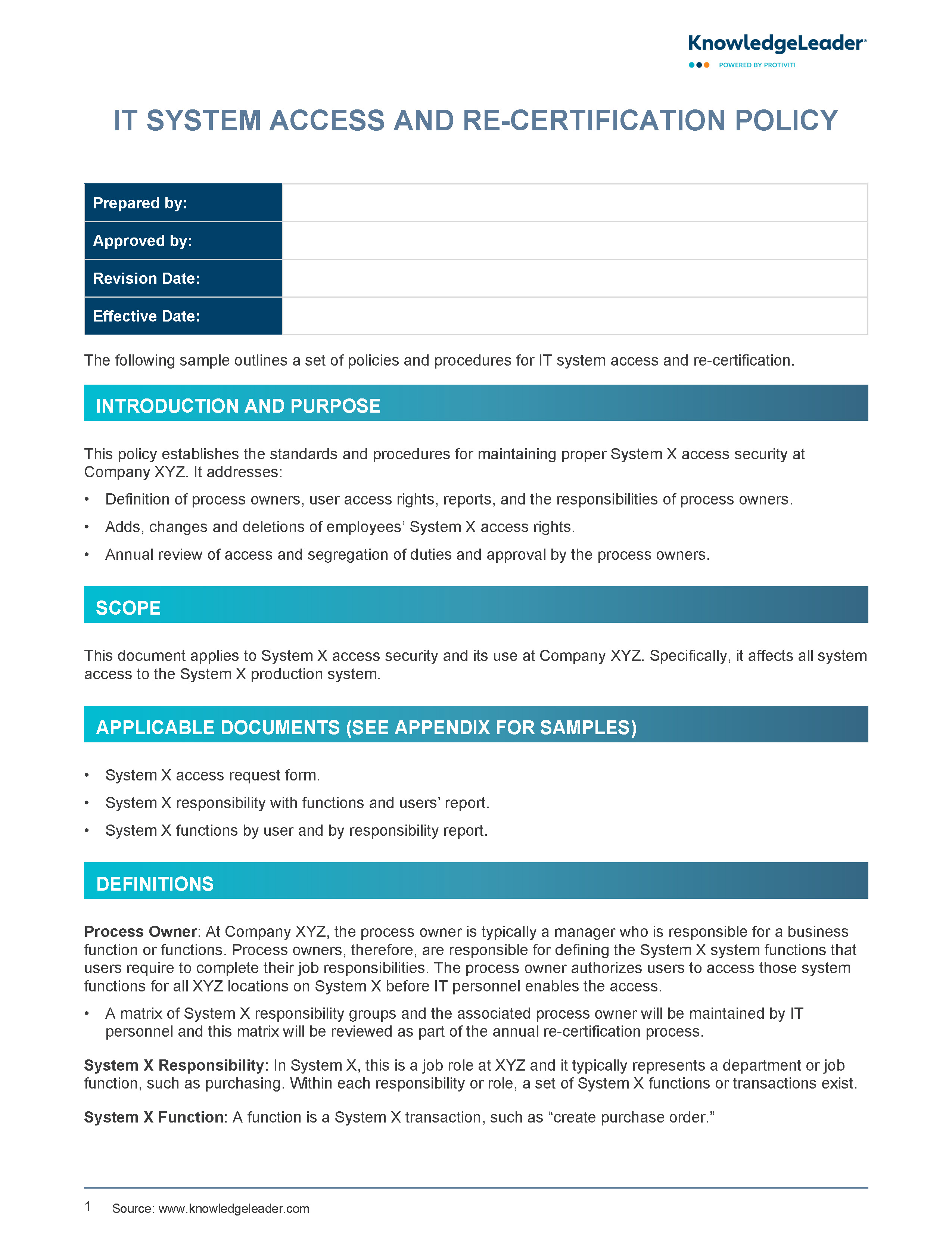 Screenshot of the first page of IT System Access and Re-Certification Policy