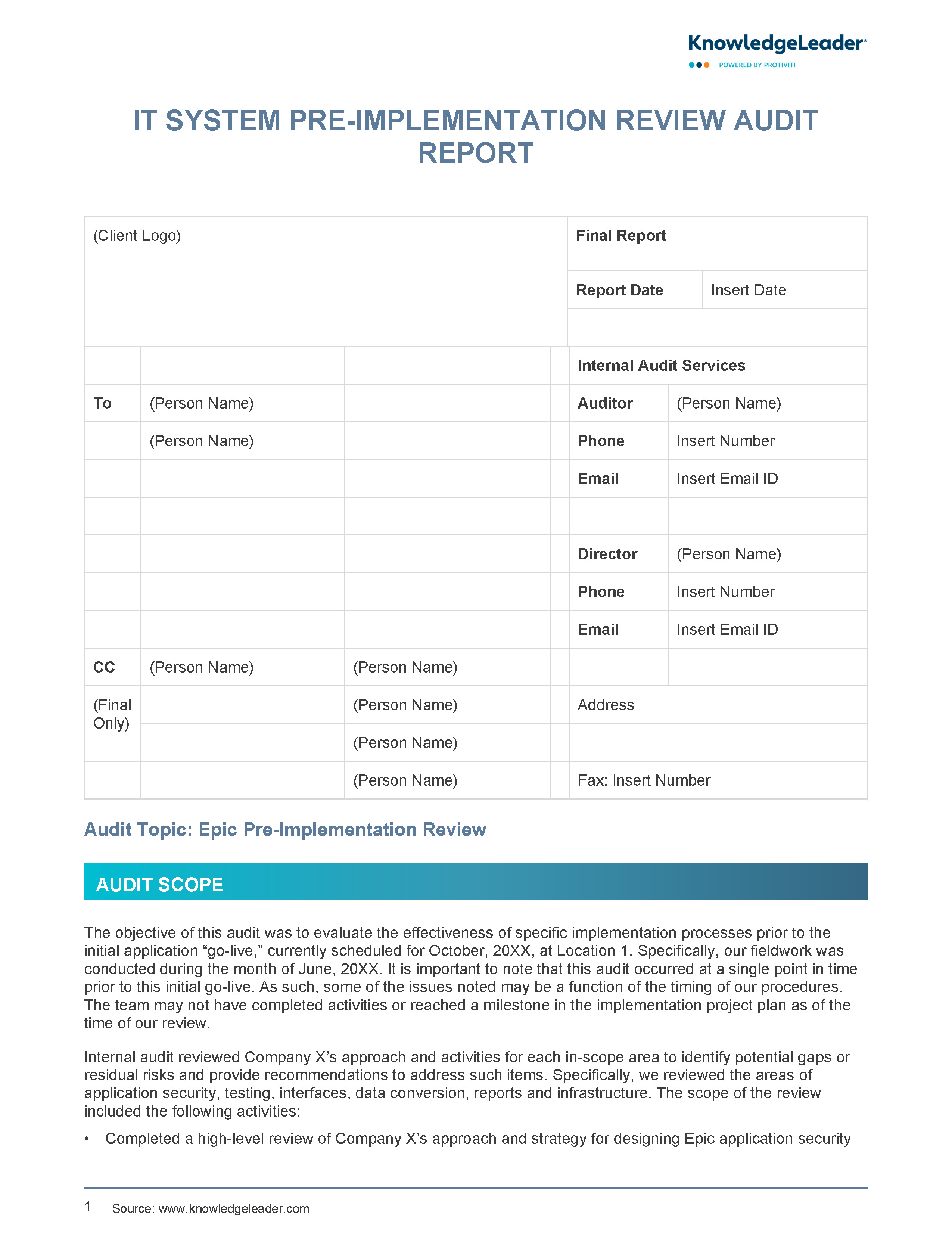 Screenshot of the first page of IT System Pre-Implementation Review Audit Report