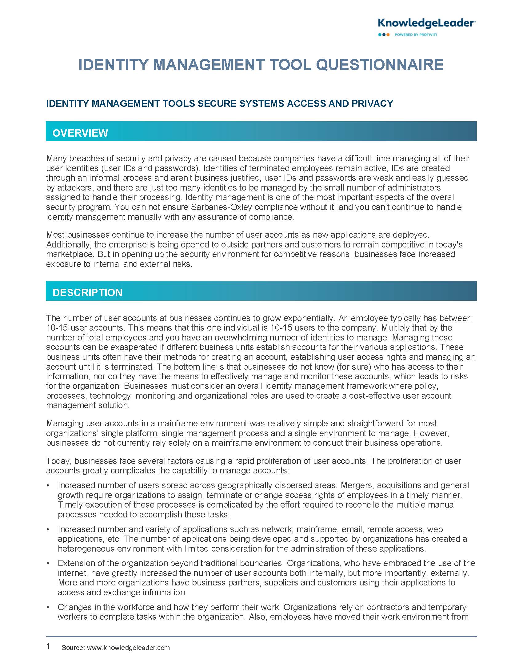 Screenshot of the first page of Identity Management Tool Questionnaire