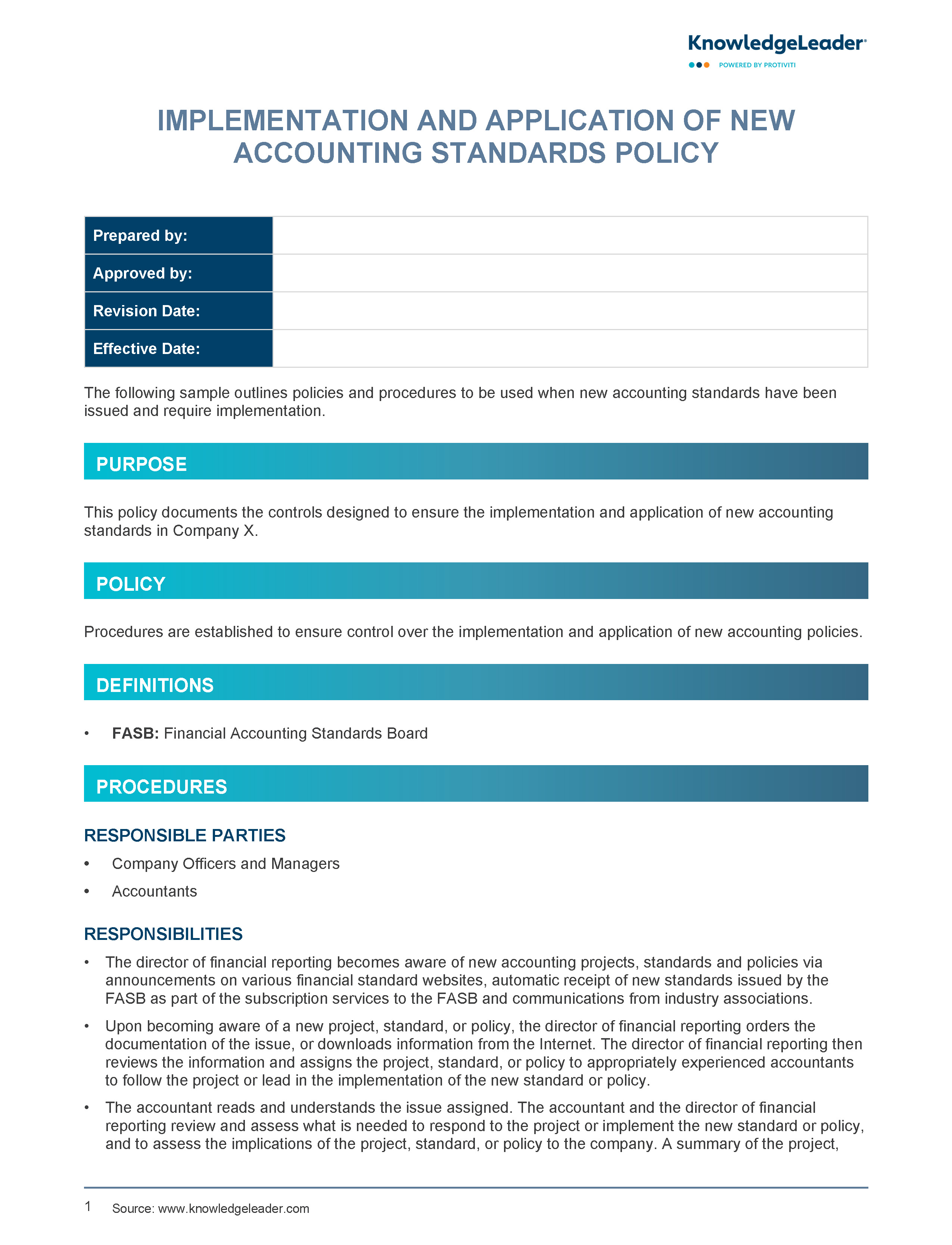 Screenshot of the first page of Implementation and Application of New Accounting Standards Policy