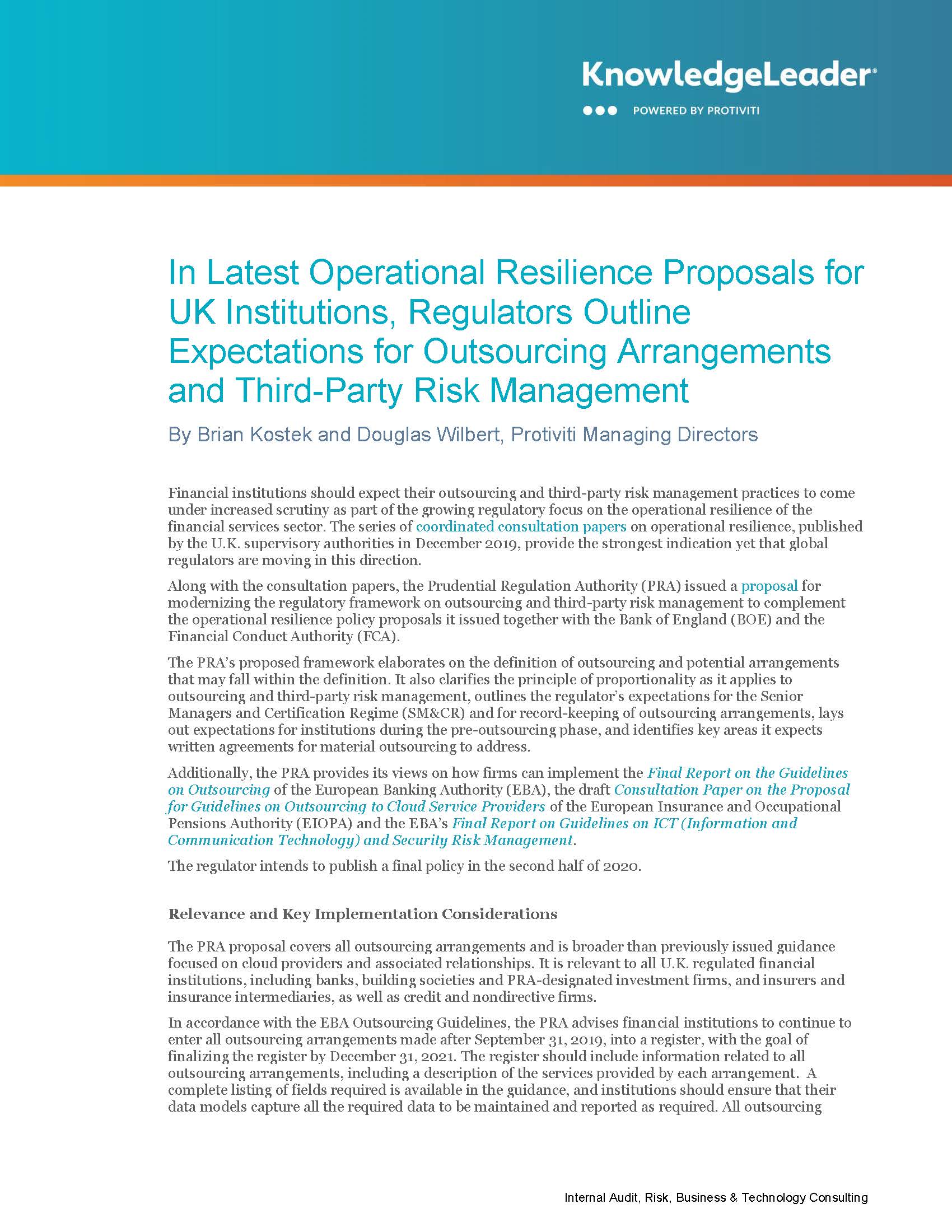 In Latest Operational Resilience Proposals for UK Institutions, Regulators Outline Expectations for Outsourcing Arrangements and Third-Party Risk Management