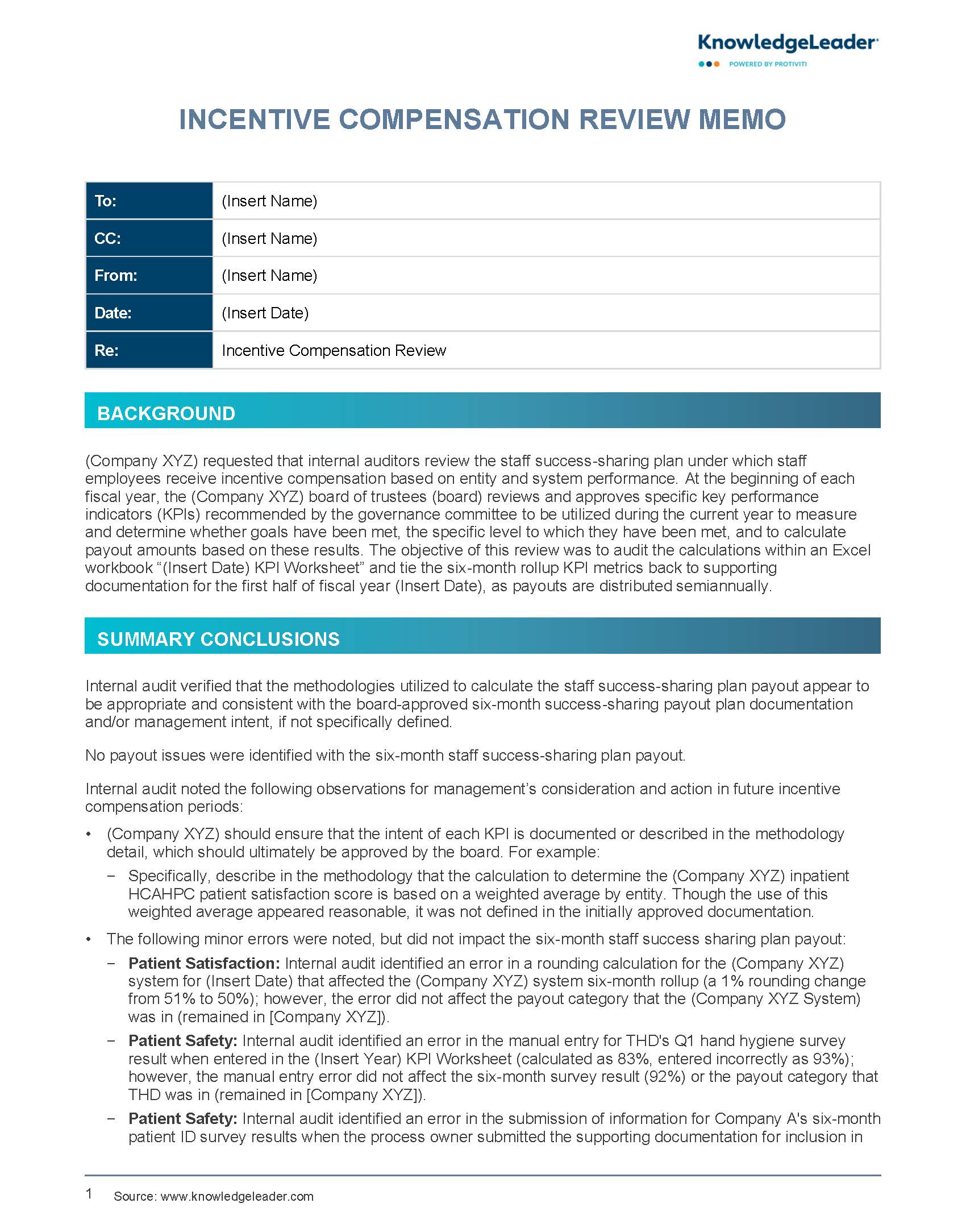 Screenshot of the first page of Incentive Compensation Review Memo