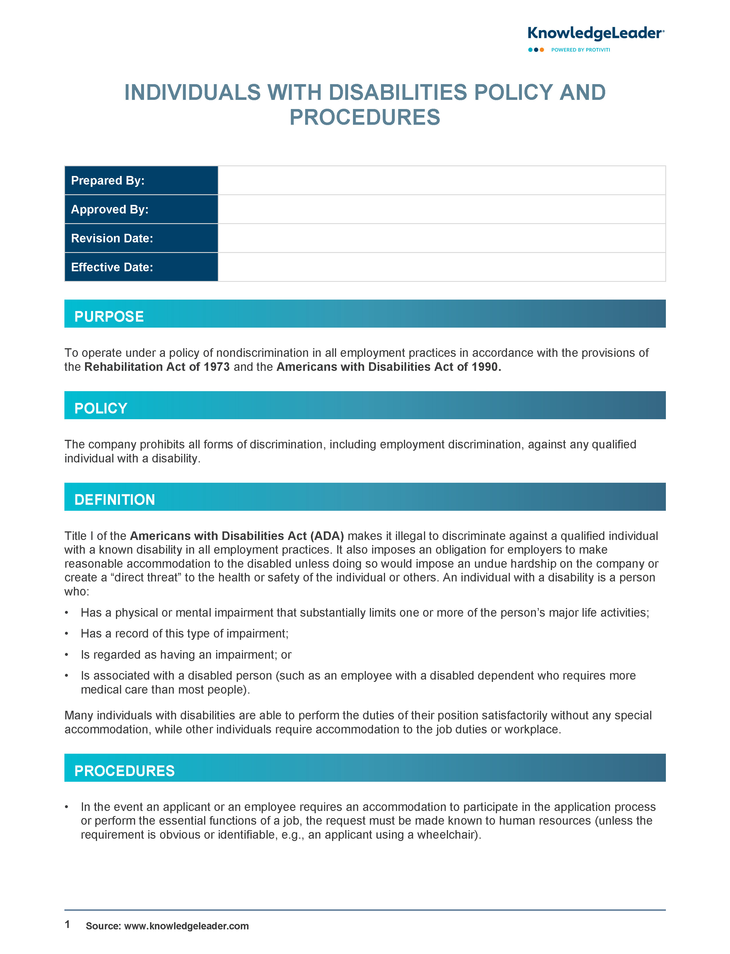 Screenshot of the first page of Individuals With Disabilities Policy and Procedures