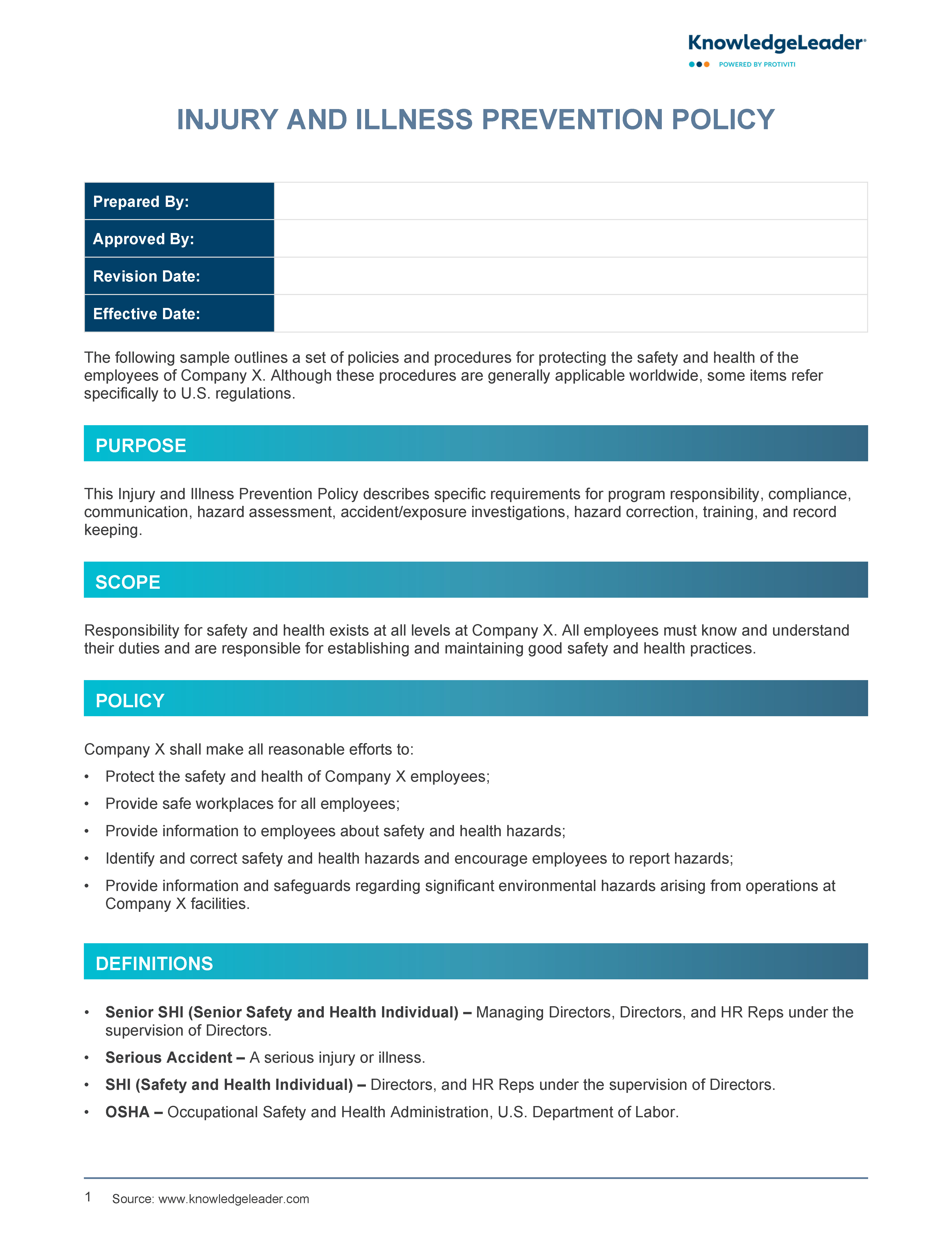 Screenshot of the first page of Injury Illness Prevention Policy