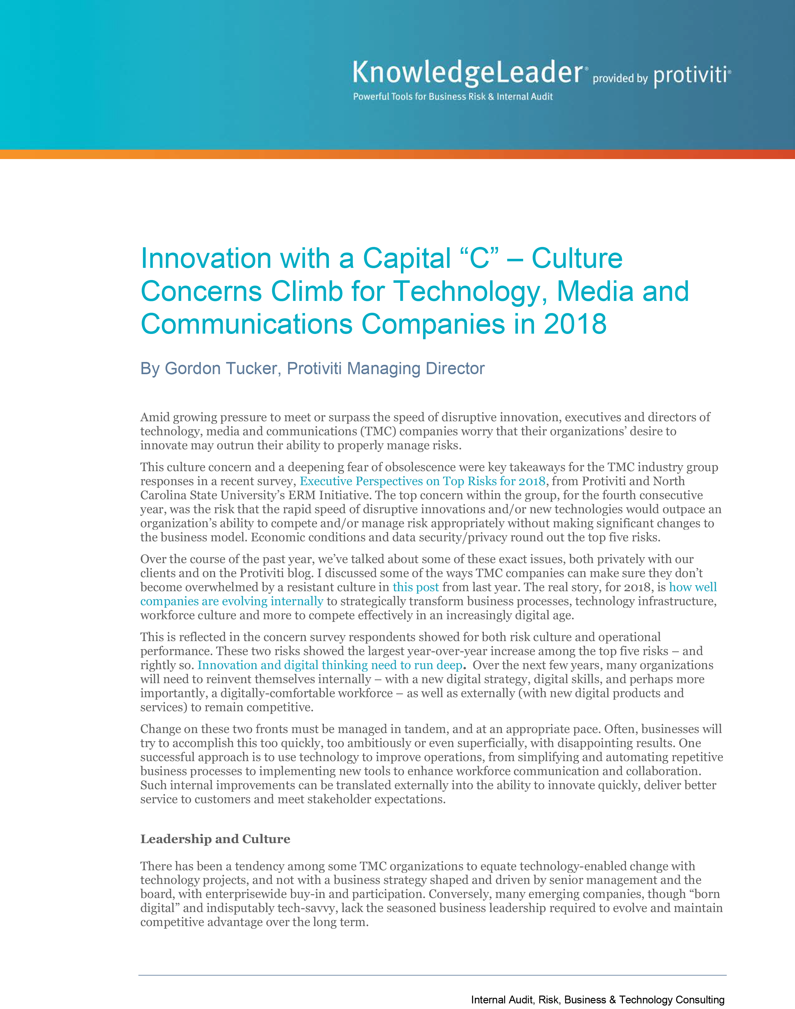Screenshot of the first page of Innovation with a Capital “C” – Culture Concerns Climb for Technology, Media and Communications Companies in 2018