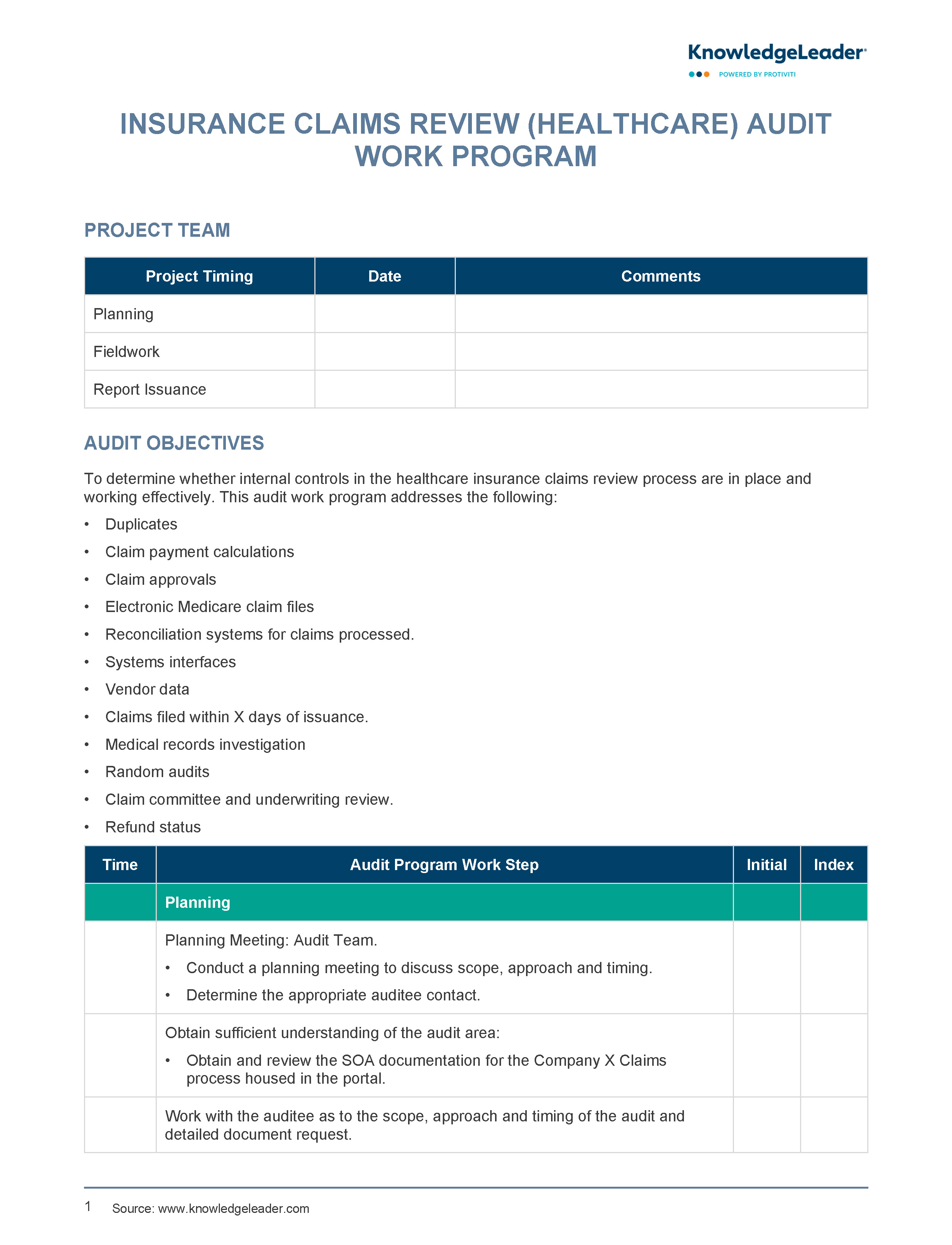 Screenshot of the first page of Insurance Claims Review (Healthcare) Audit Work Program
