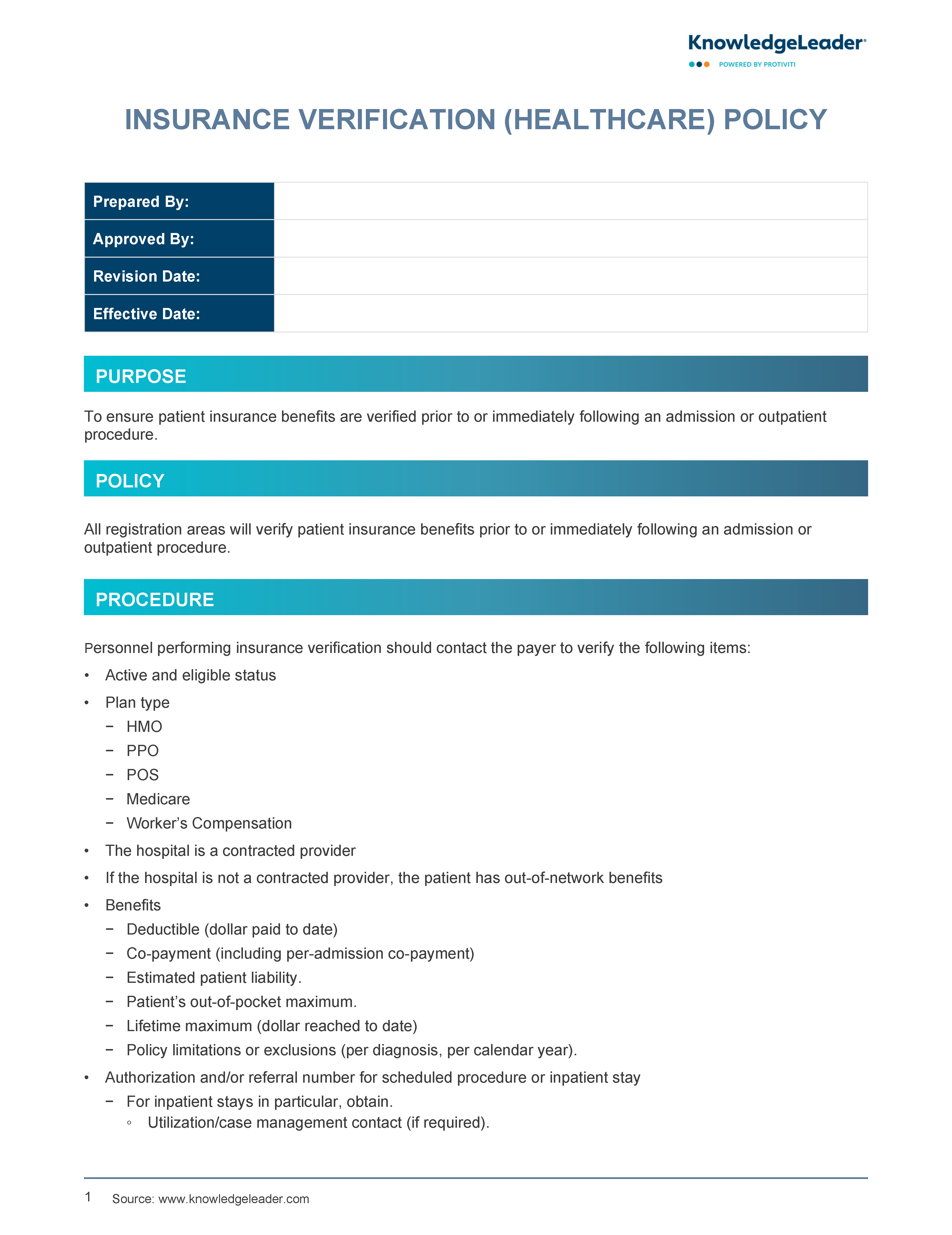 Screenshot of the first page of Insurance Verification Policy