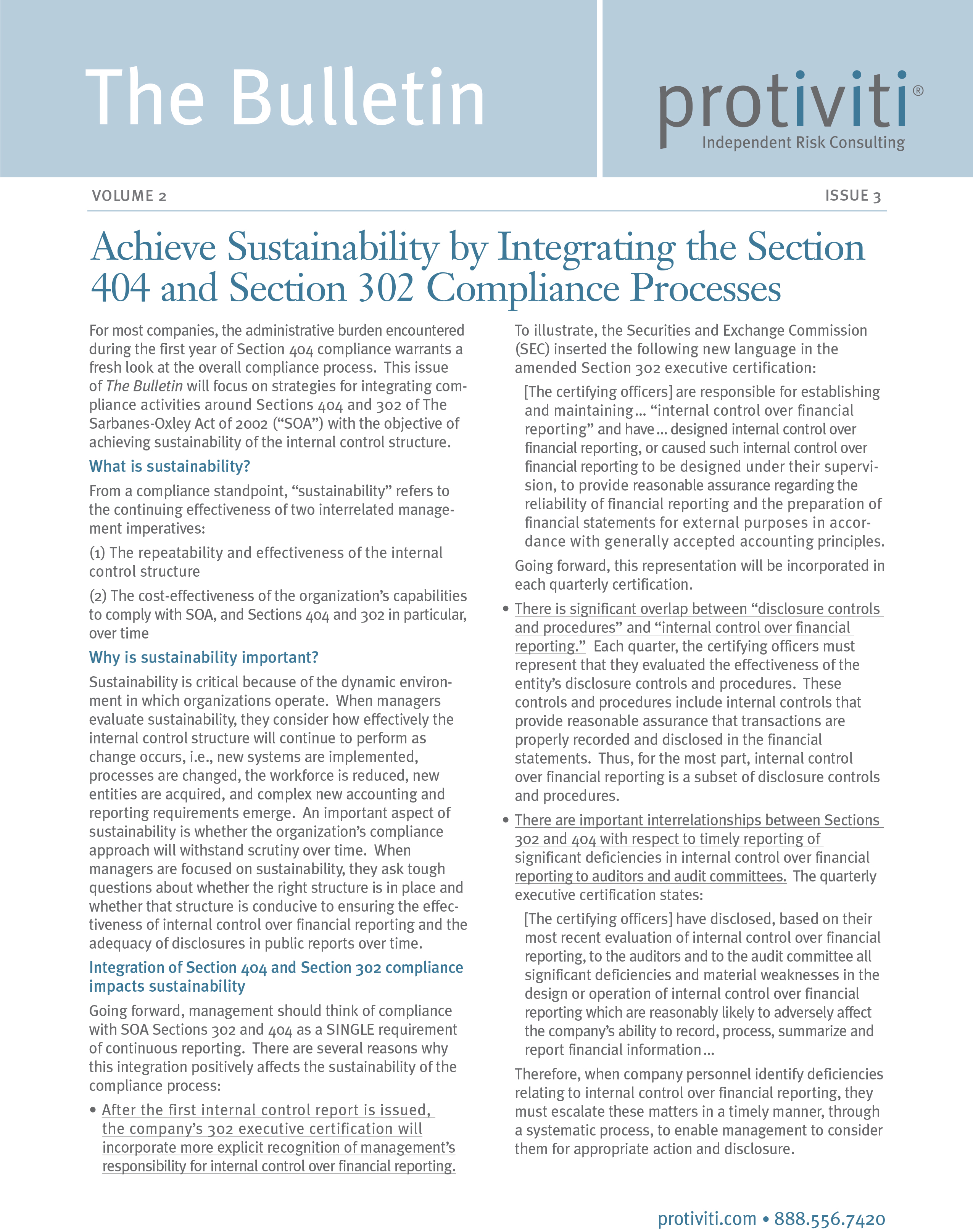 Screenshot of the first page of Integrating the Section 404 and Section 302 Compliance Process