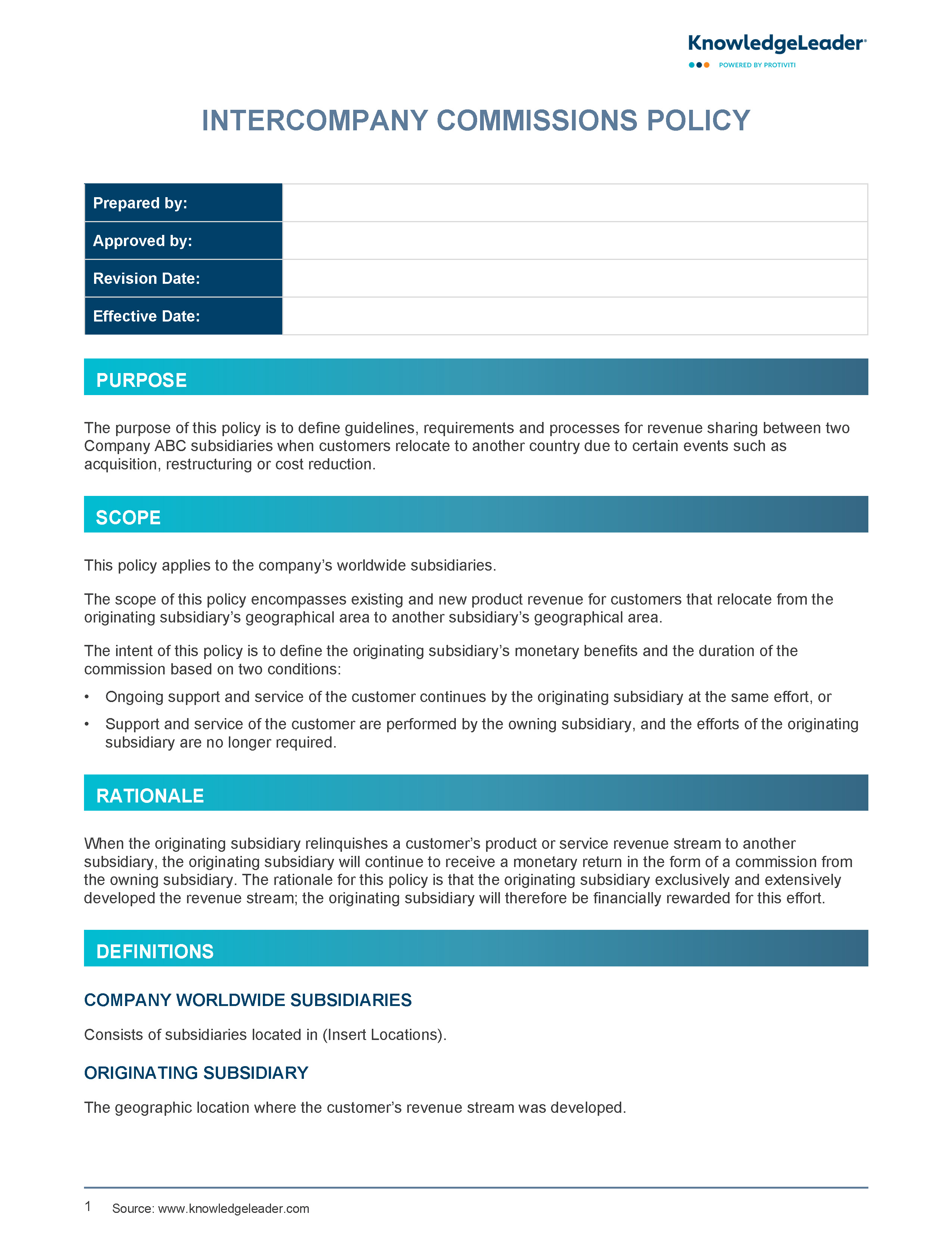 Screenshot of the first page of Intercompany Commissions Policy