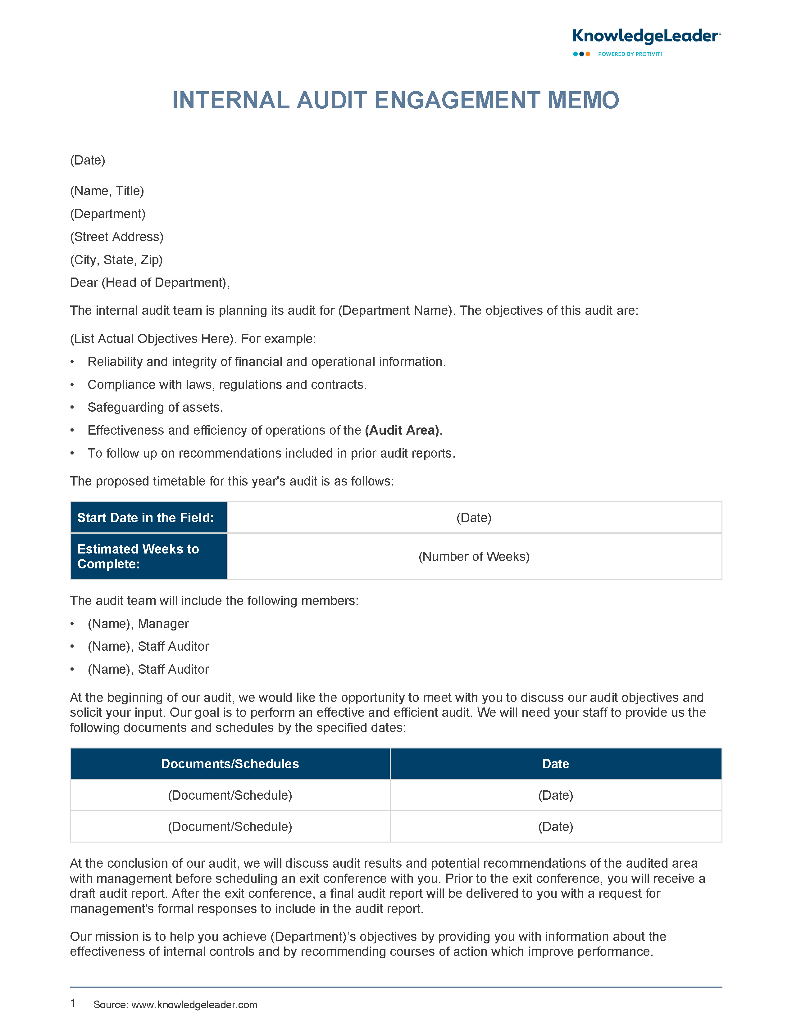 Screenshot of the first page of Internal Audit Engagement Memo