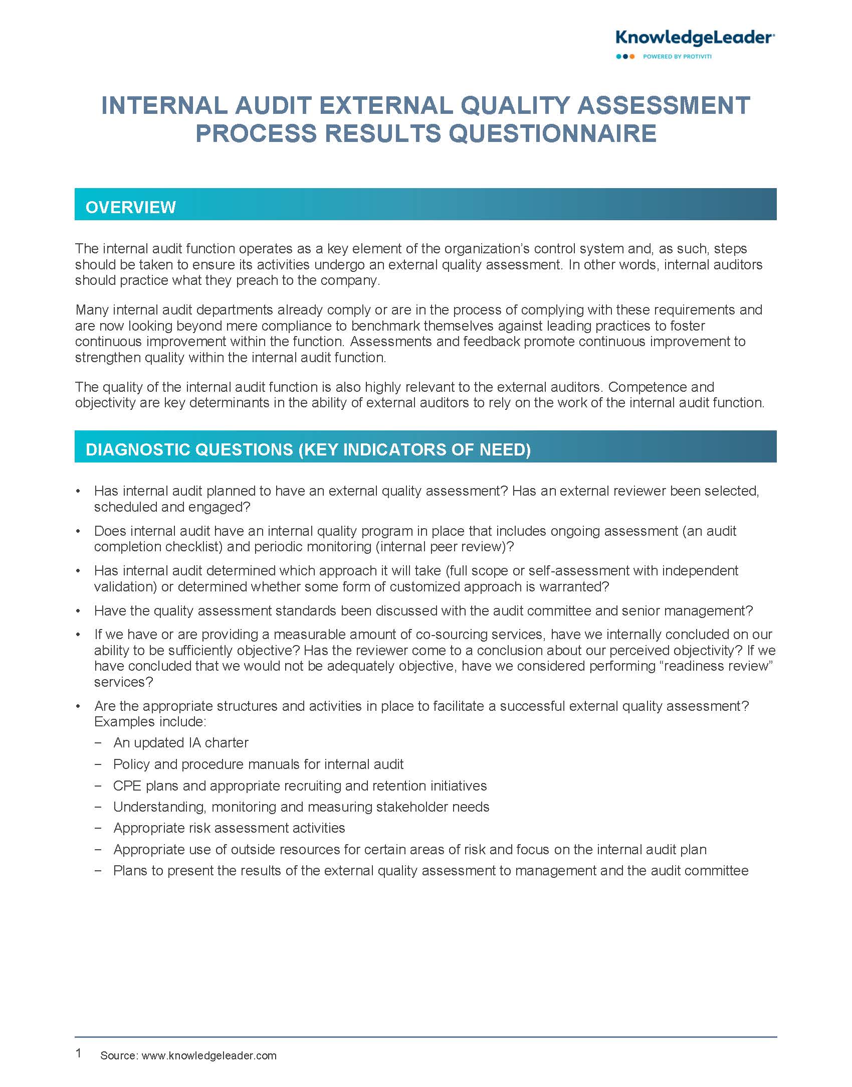 Screenshot of the first page of Internal Audit External Quality Assessment Process Results Questionnaire