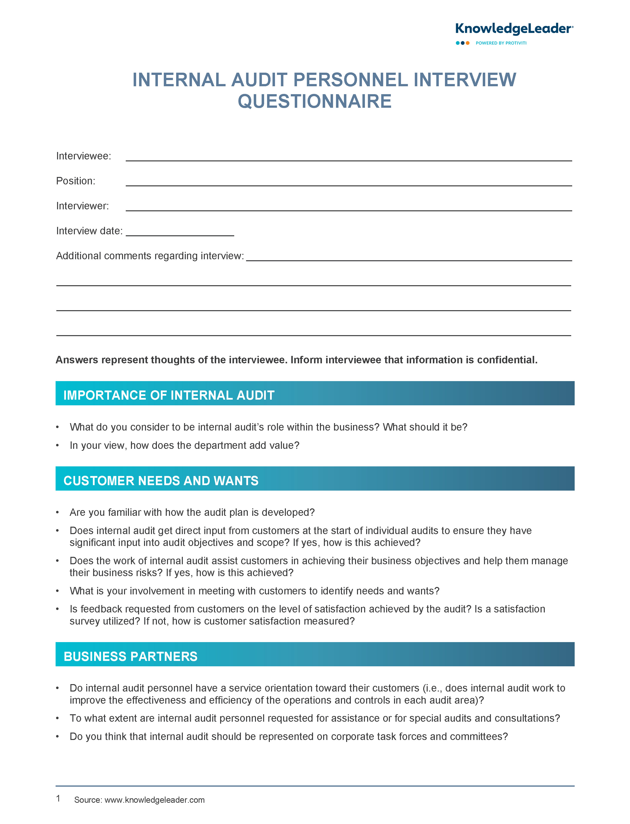 Screenshot of the first page of Internal Audit Personnel Interview Questionnaire