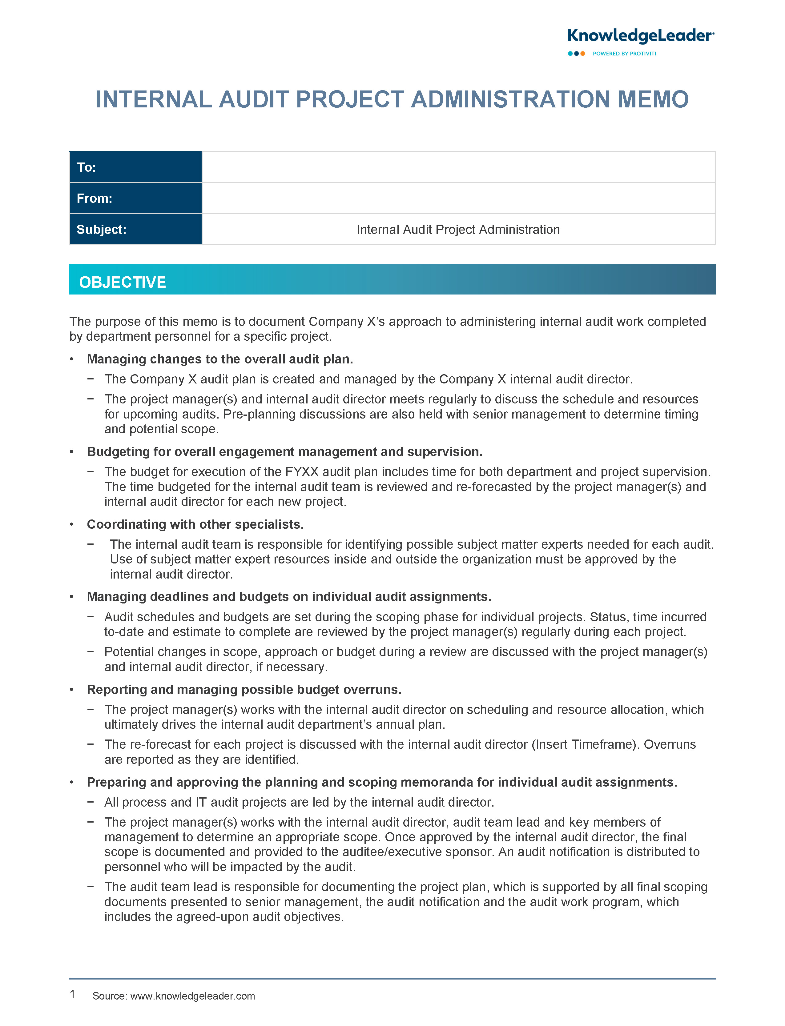 Screenshot of the first page of Internal Audit Project Administration Memo