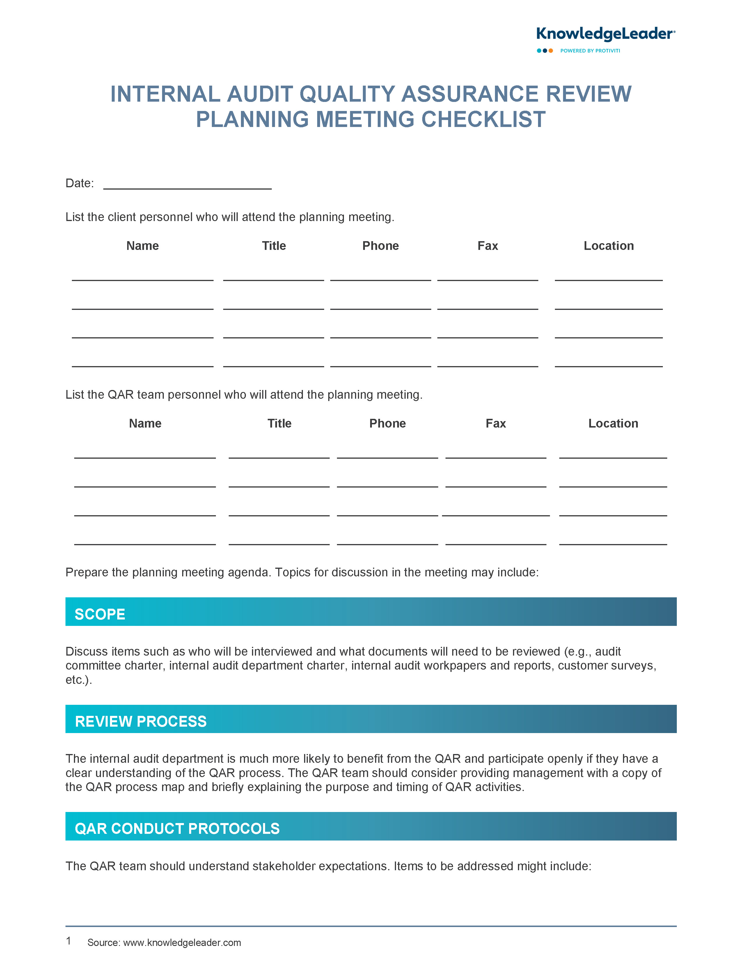 Screenshot of the first page of Internal Audit Quality Assurance Review Planning Meeting Checklist