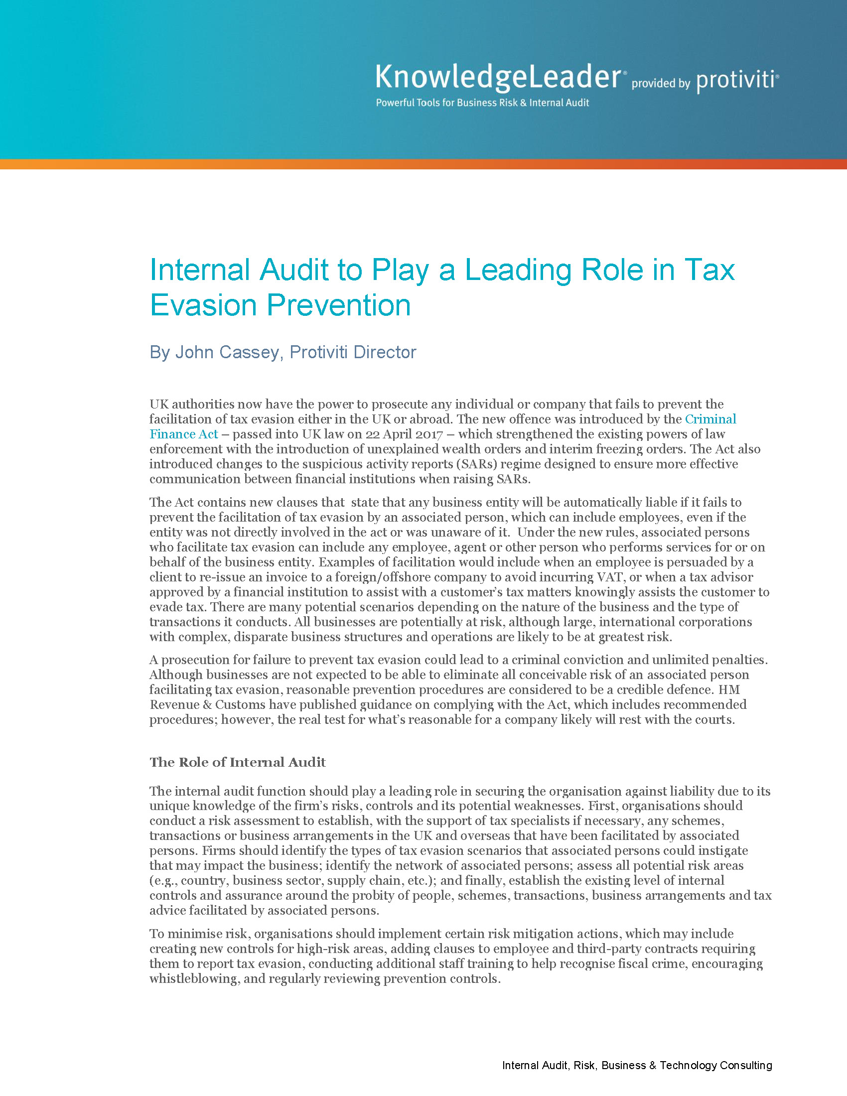 Screenshot of the first page of Internal Audit to Play a Leading Role in Tax Evasion Prevention