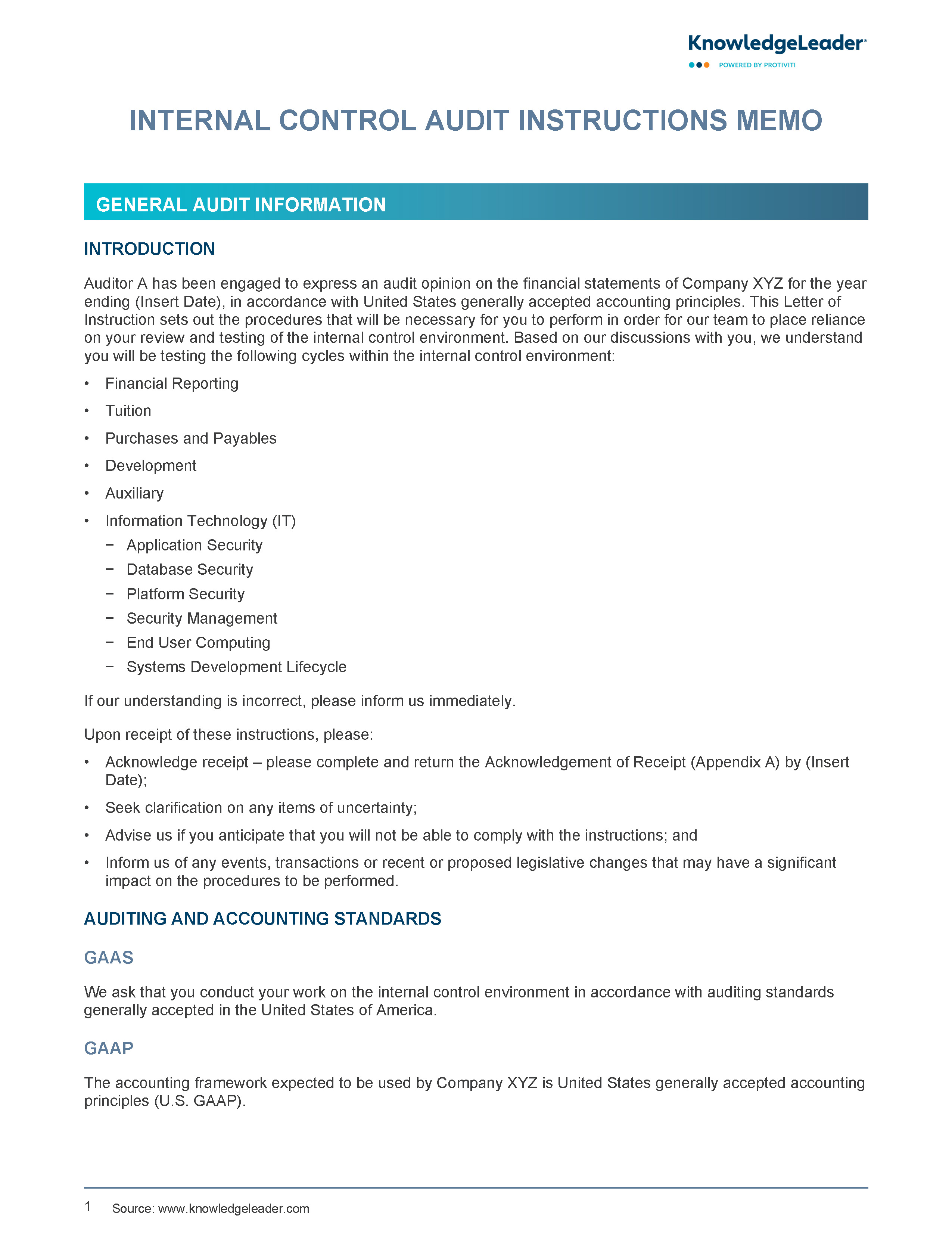 Screenshot of the first page of Internal Control Audit Instructions Memo