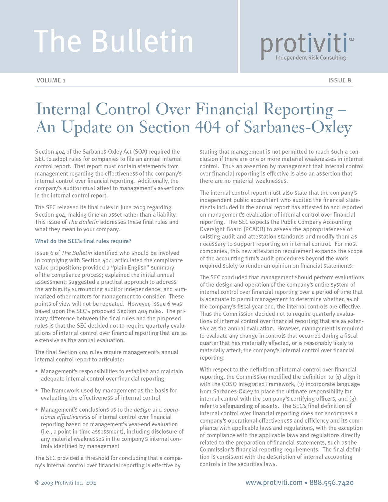 Screenshot of the first page of Internal Control Over Financial Reporting - An Update on Section 404 of Sarbanes-Oxley