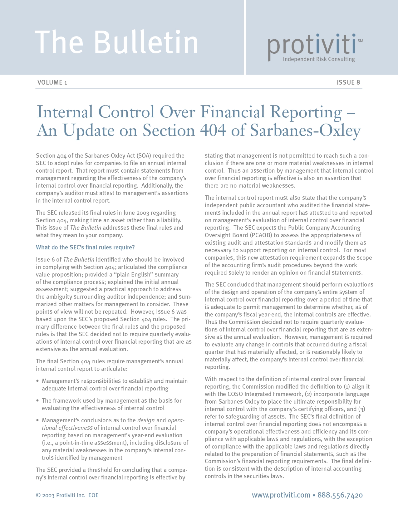 Screenshot of the first page of Internal Control Over Financial Reporting - An Update on Section 404 of Sarbanes-Oxley