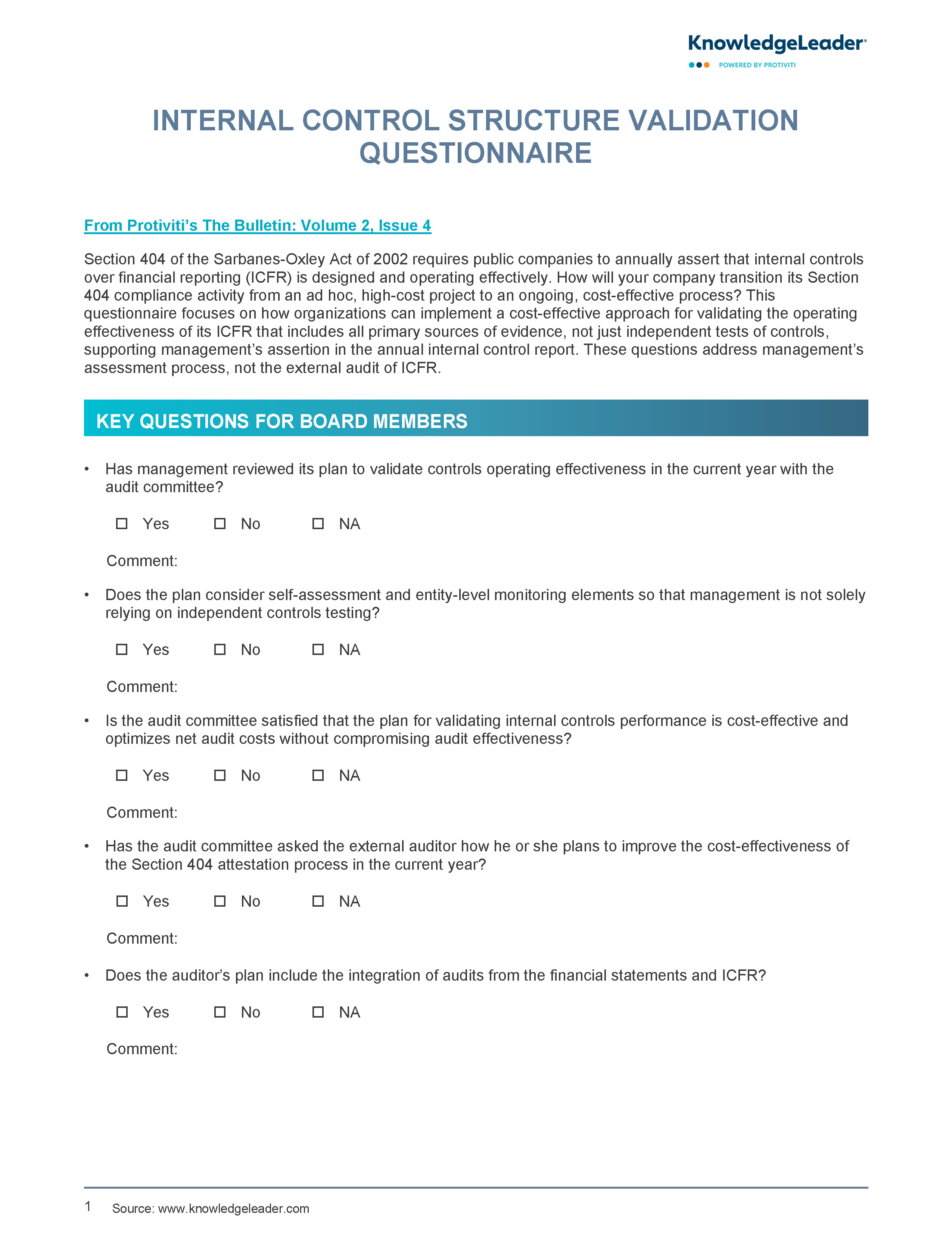 Screenshot of the first page of Internal Control Structure Validation Questionnaire