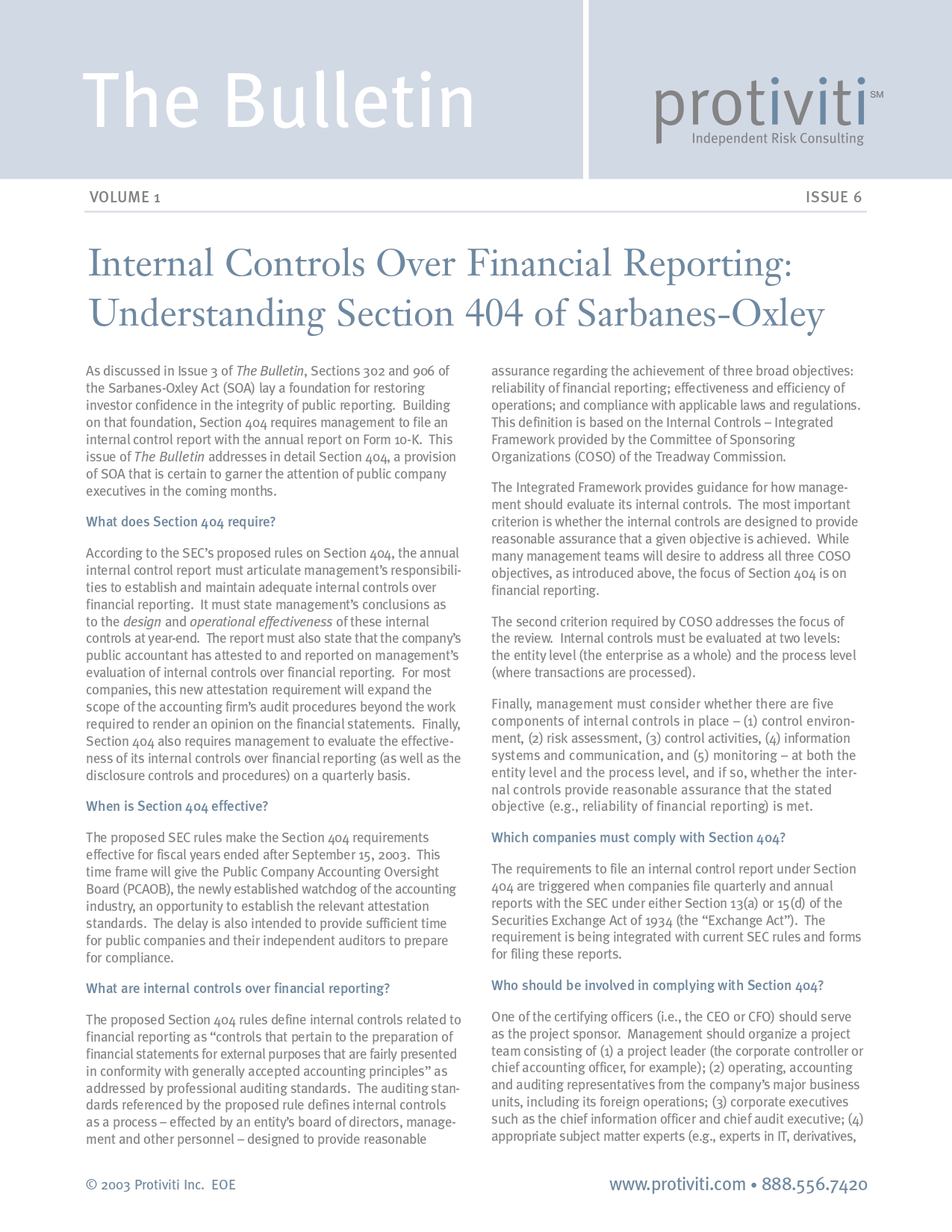 Screenshot of the first page of Internal Controls Over Financial Reporting - Understanding Section 404 of Sarbanes-Oxley