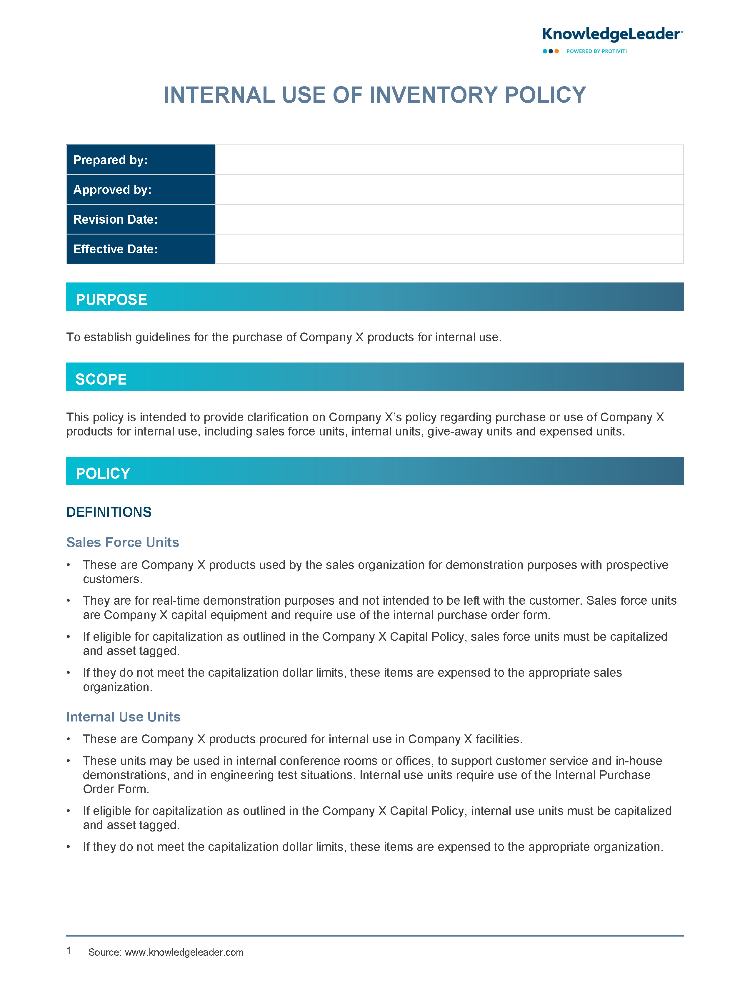 Screenshot of the first page of Internal Use of Inventory Policy