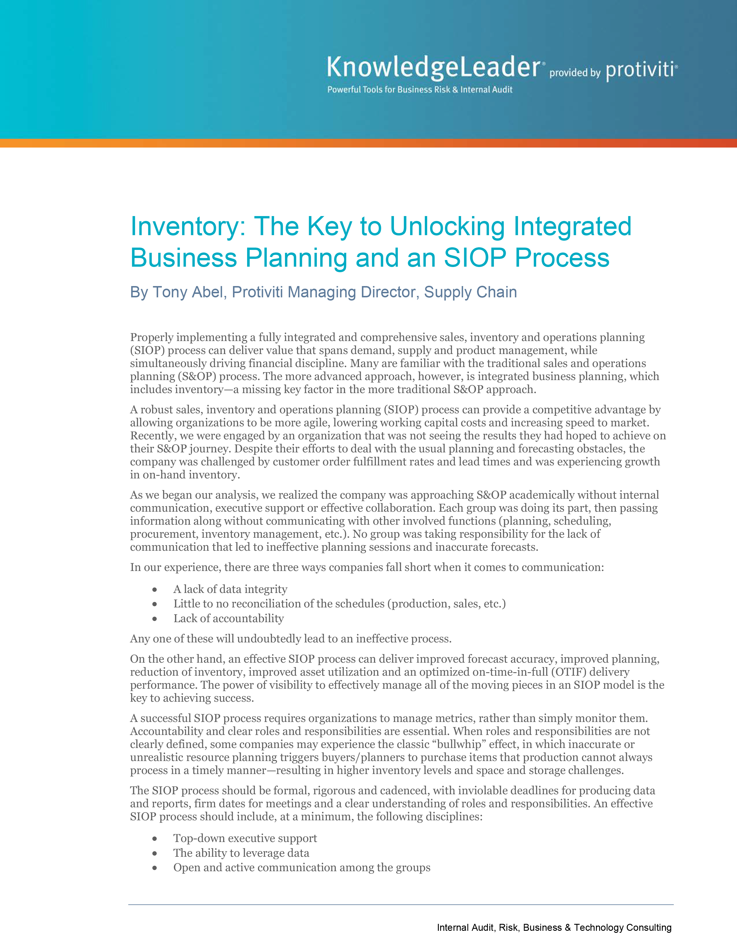 Screenshot of the first page of Inventory - The Key to Unlocking Integrated Business Planning and an SIOP Process