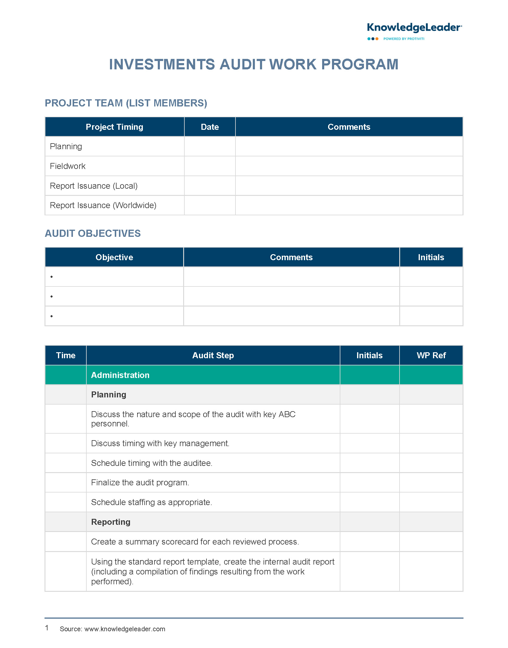 Screenshot of the first page of Investments Audit Work Program