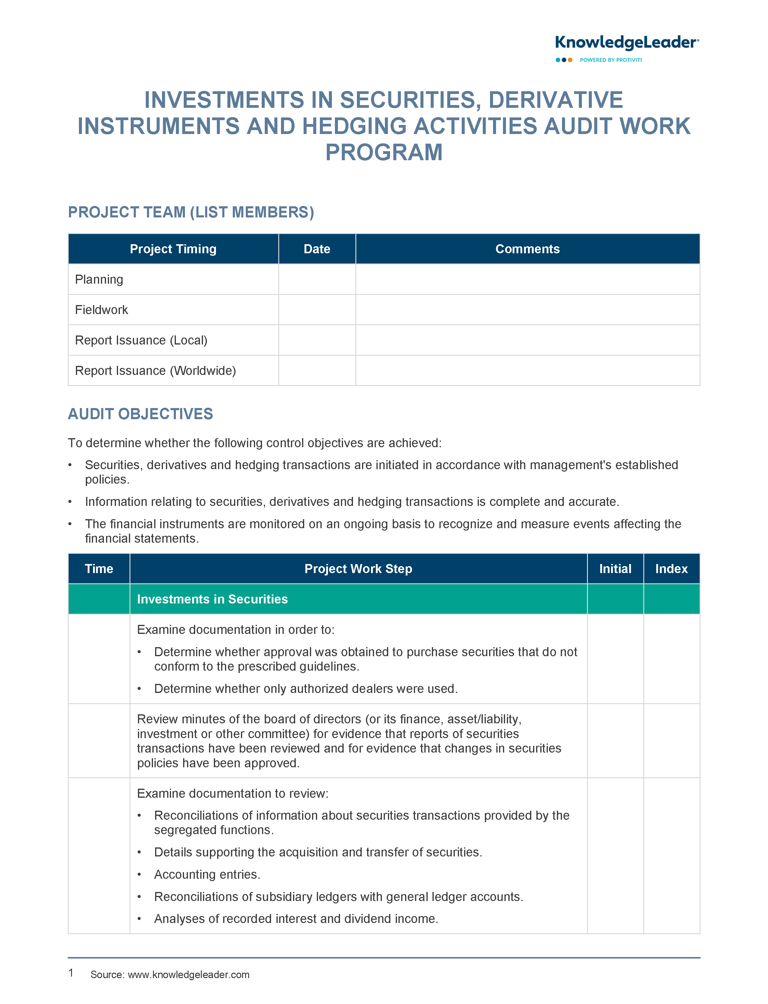 Screenshot of the first page of Investments in Securities, Derivative Instruments and Hedging Activities Audit Work Program