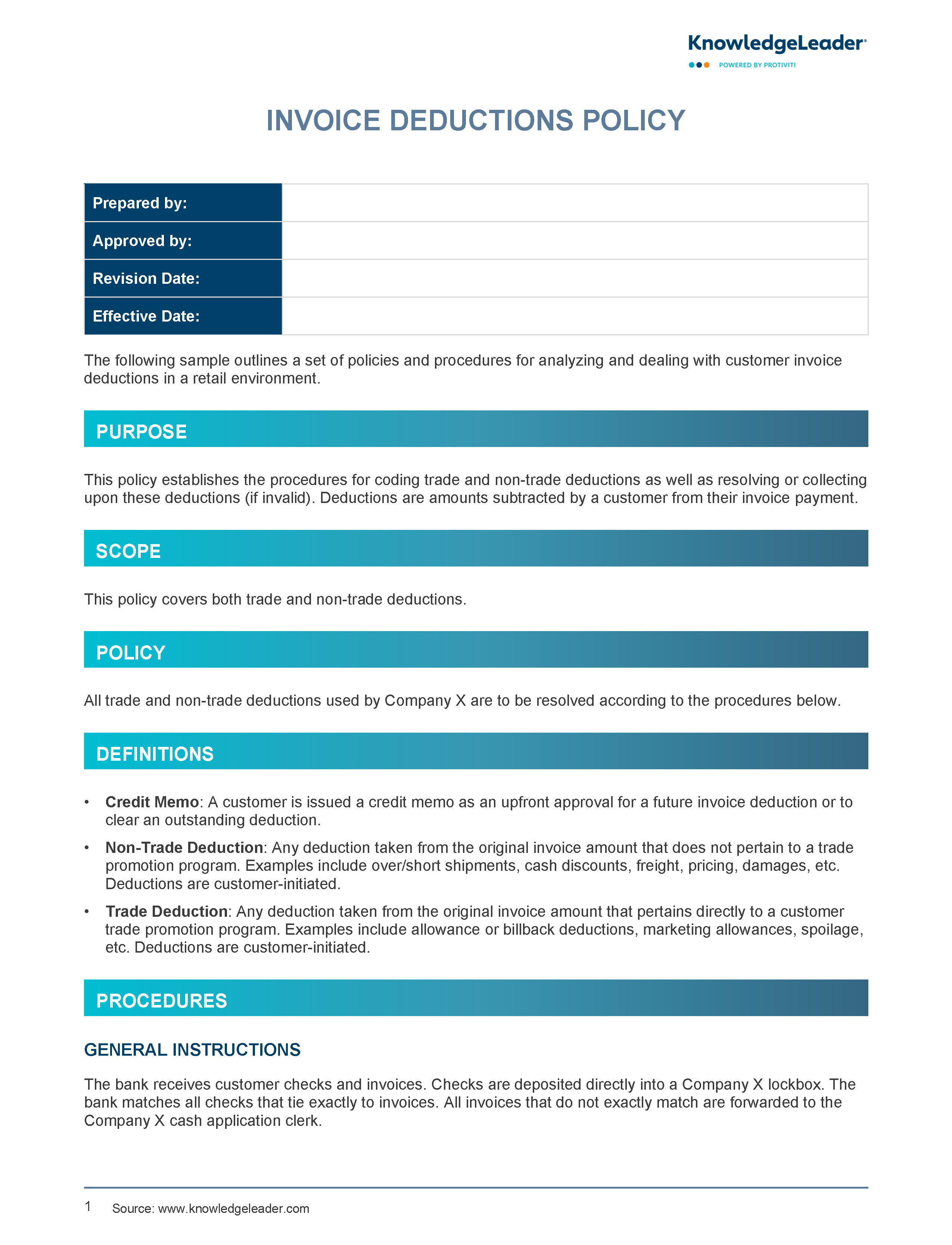 Screenshot of the first page of Invoice Deductions Policy