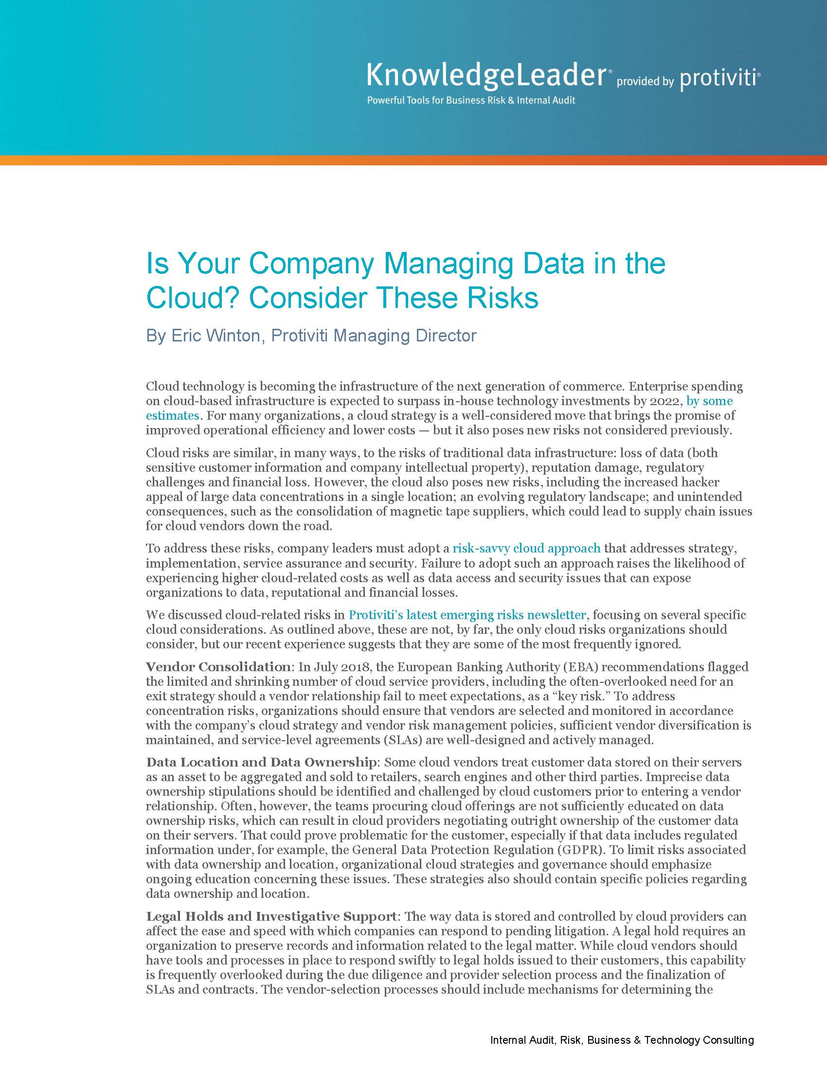 Screenshot of the first page of Is Your Company Managing Data in the Cloud Consider These Risks