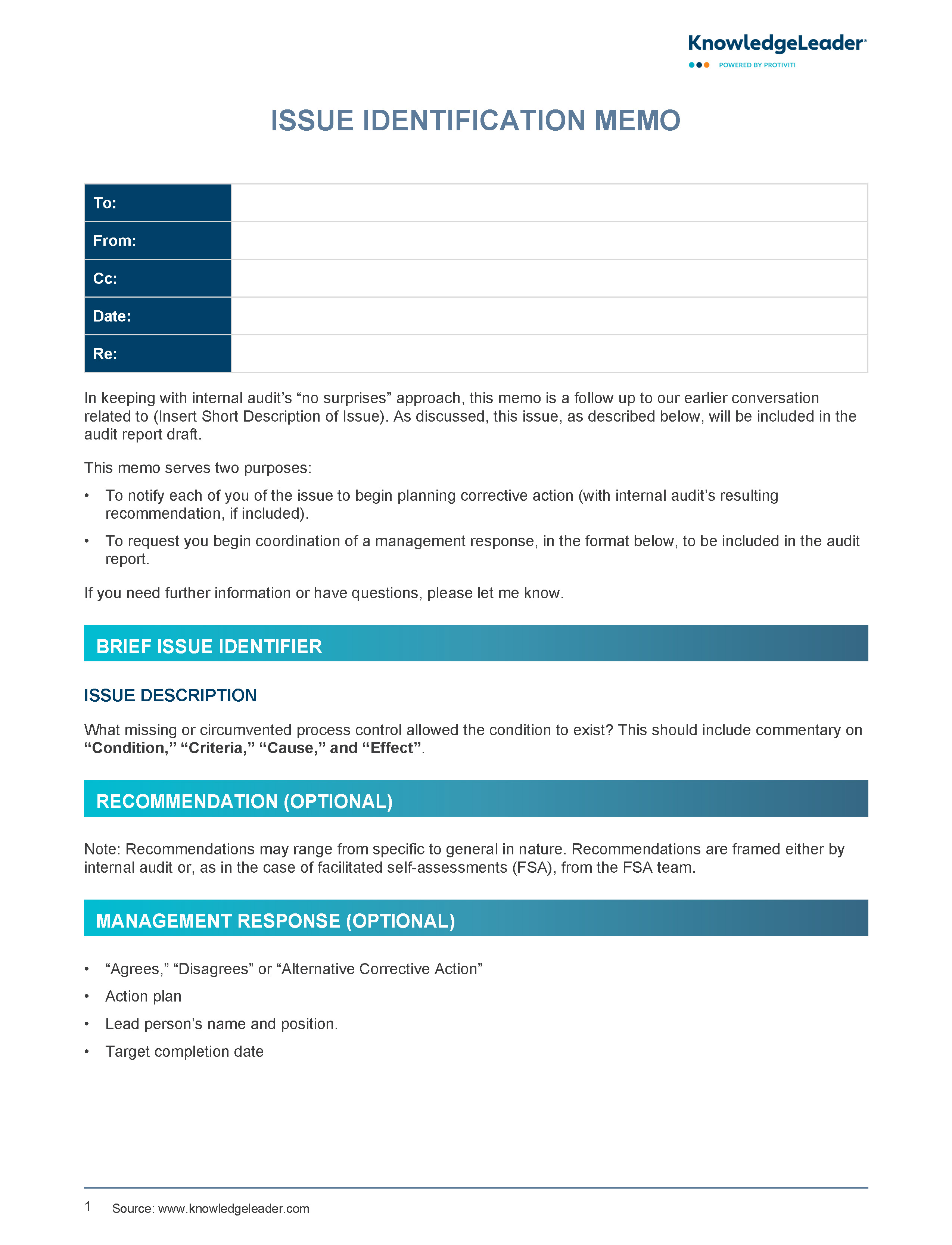 Screenshot of the first page of Issue Identification Memo