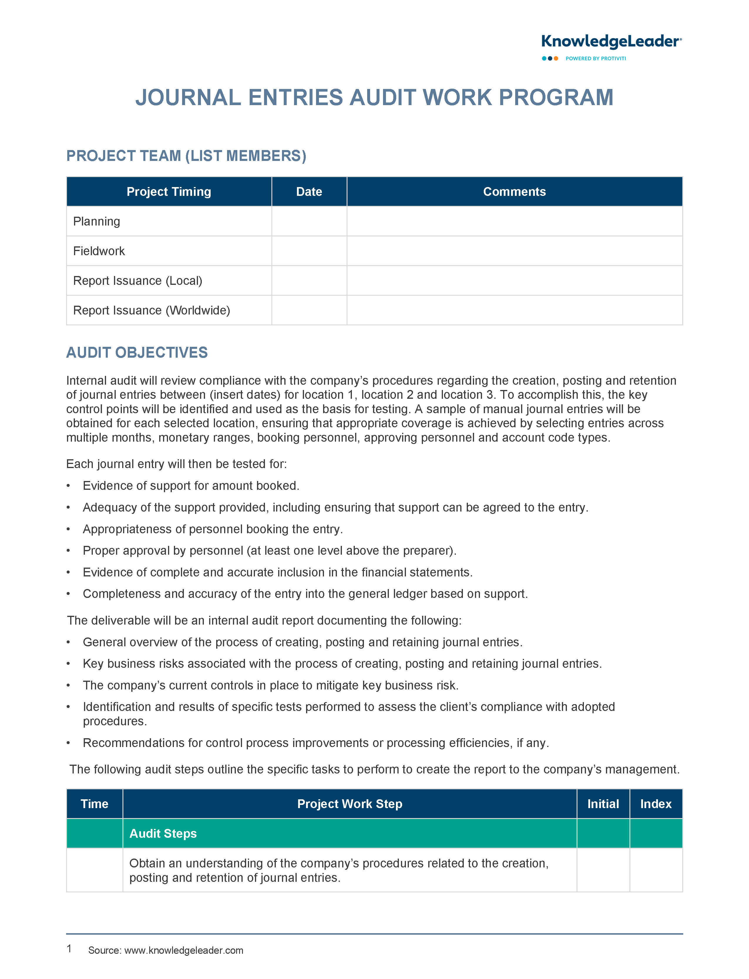 Screenshot of the first page of Journal Entries Audit Work Program