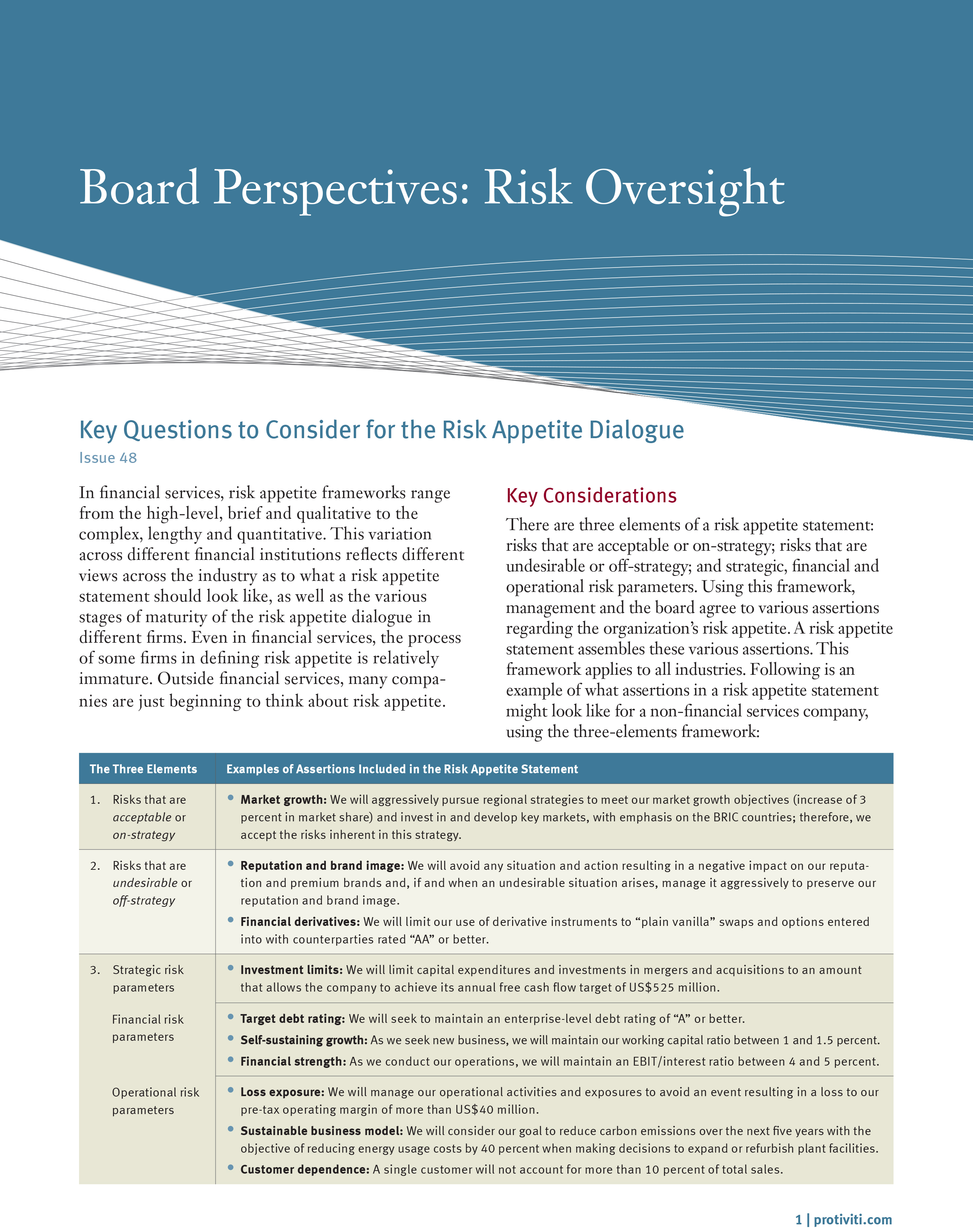 Screenshot of the first page of Key Questions to Consider for the Risk Appetite Dialogue
