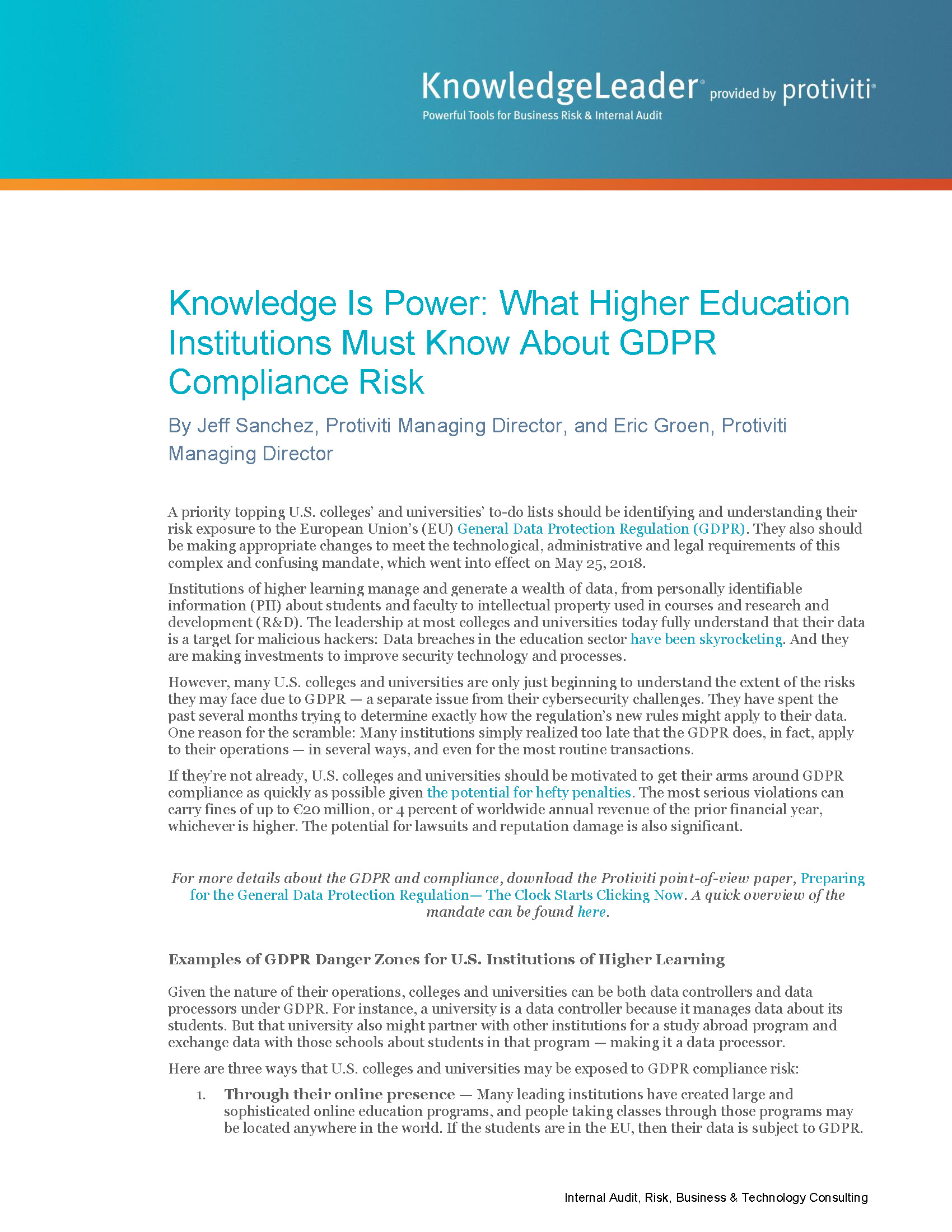 Screenshot of the first page of Knowledge Is Power-What Higher Education Institutions Must Know About GDPR Compliance Risk