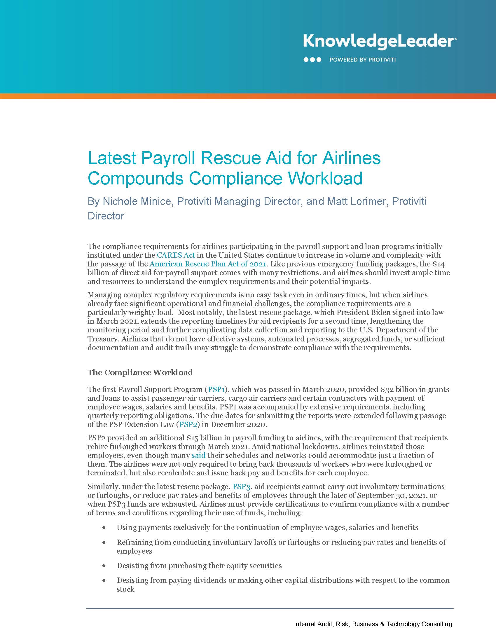 Screenshot of the first page of Latest Payroll Rescue Aid for Airlines Compounds Compliance Workload