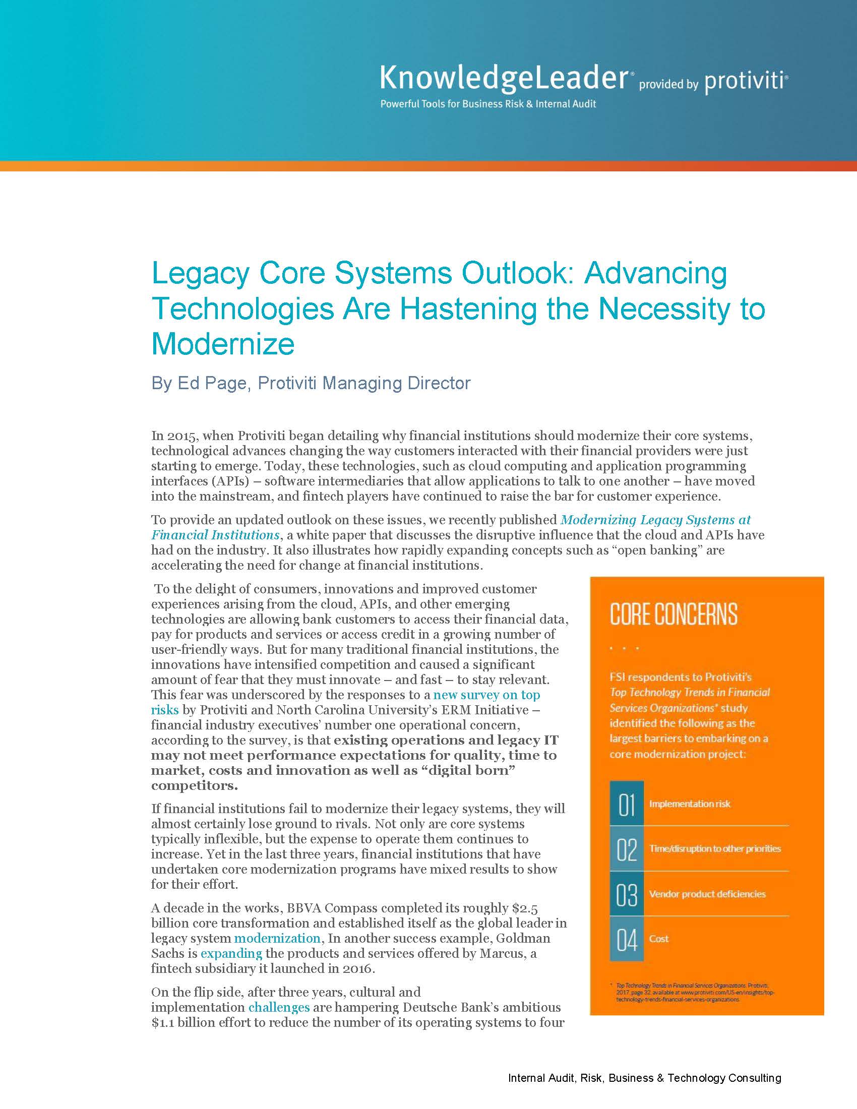 Screenshot of the first page of Legacy Core Systems Outlook Advancing Technologies Are Hastening the Necessity to Modernize