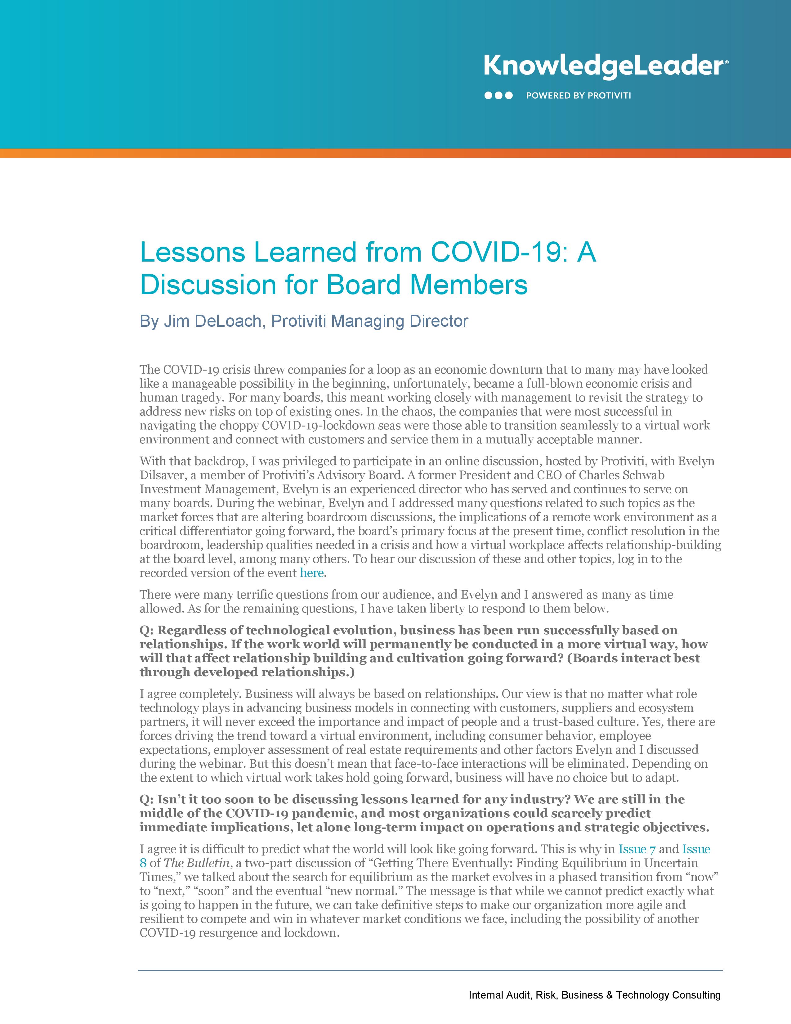 Screenshot of the first page of Lessons Learned from COVID-19: A Discussion for Board Members