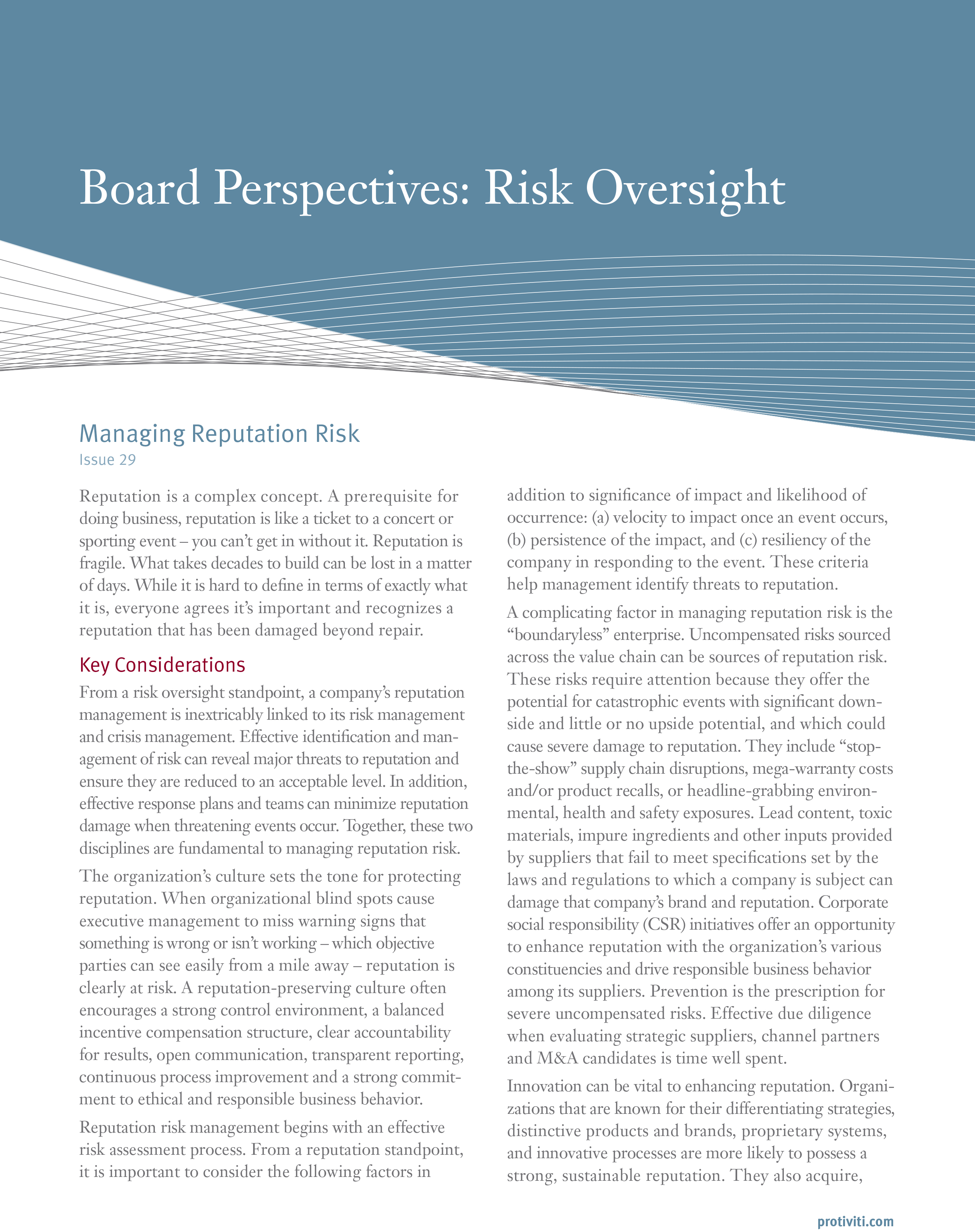 Screenshot of the first page of Managing Reputation Risk.